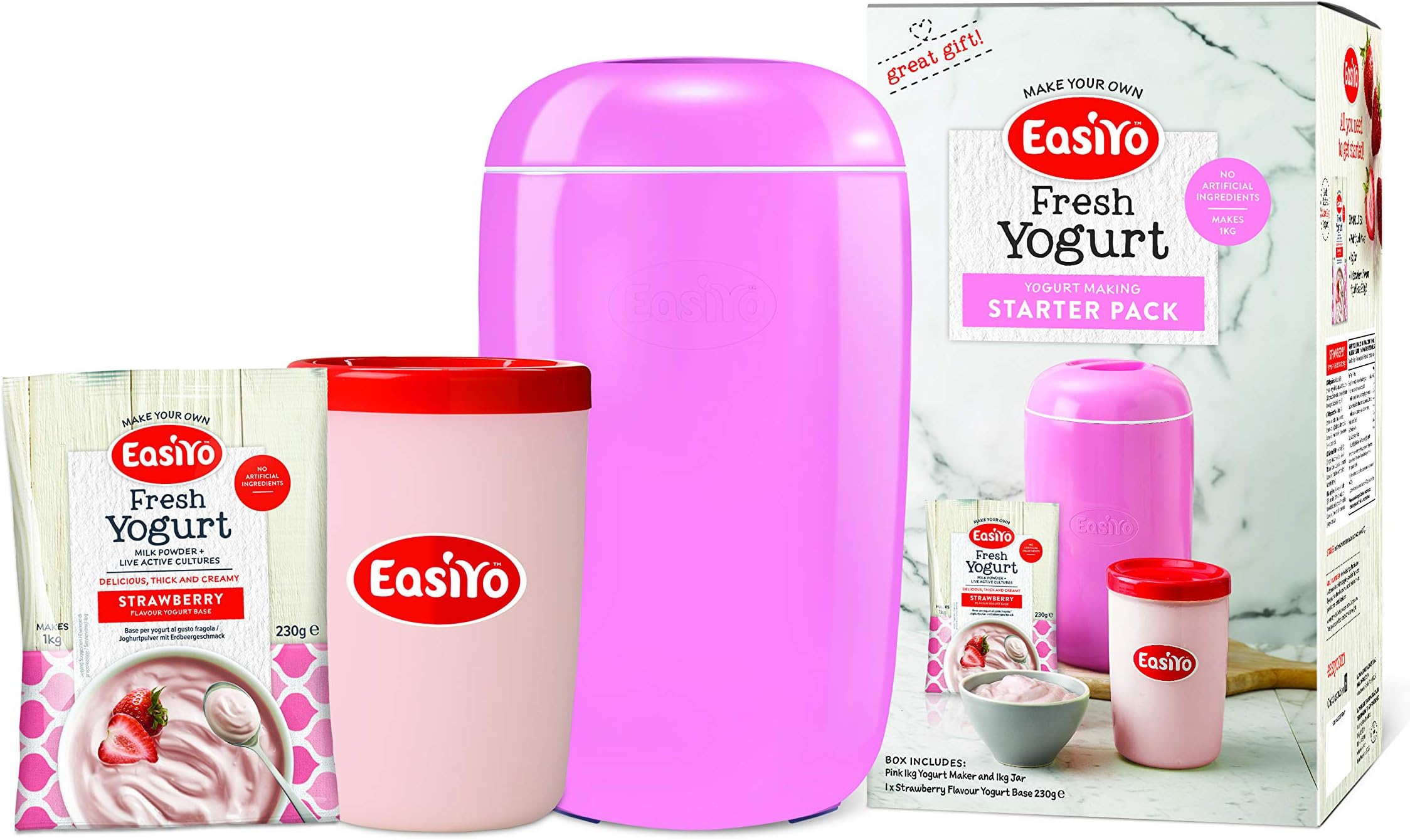 Pink EasiYo Yogurt Maker (1kg) Starter Pack | Includes Strawberry Yogurt EasiYo Sachet