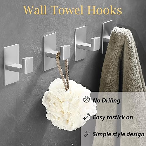 Miniatura 2 de Paquete de 4 ganchos adhesivos para toallas, ganchos de pared resistentes, ganchos para toallas para baño, cocina, ganchos adhesivos de acero