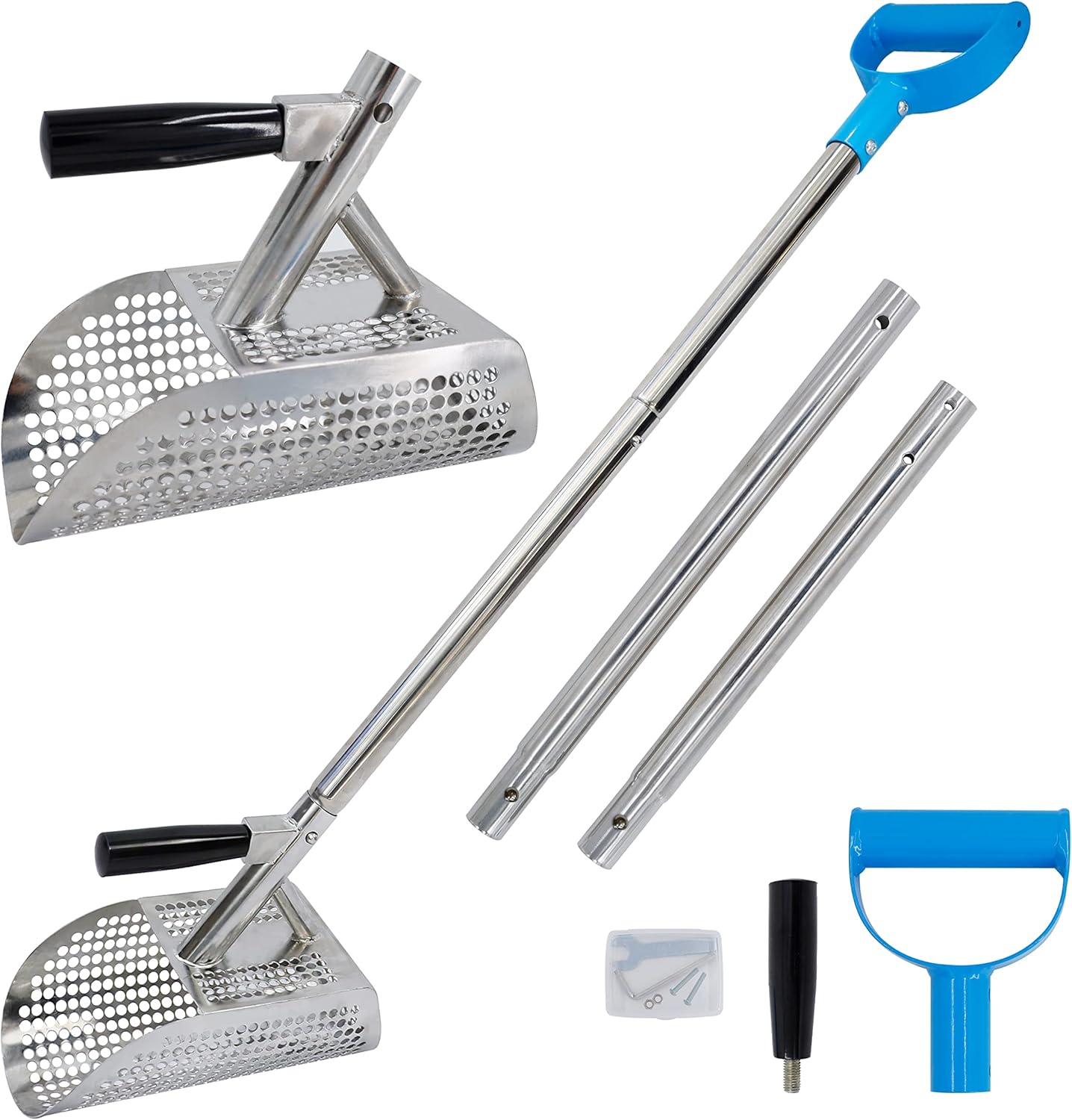 Metal Detector Sand Scoop| 7mm Round Holes | Whole Body Made of Metal| Long and Short Handles 1+1| for Beach, Seaside, Stream Treasure Hunting