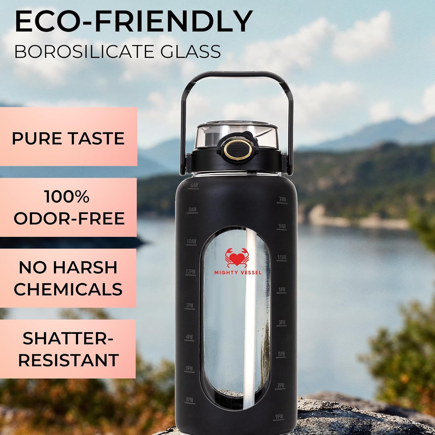 64 Oz Water Bottle with Time Marker & Straw - Black Pregnancy 2 Liter Glass Water Bottles with Measurements - Daily intake bottle - Leakproof Borosilicate jug - Image 3