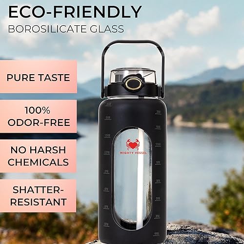 Miniatura 2 de Botellas de agua de vidrio a prueba de fugas de 64 oz - Botella de agua de vidrio grande de borosilicato con popote y marcadores de tiempo - Botella