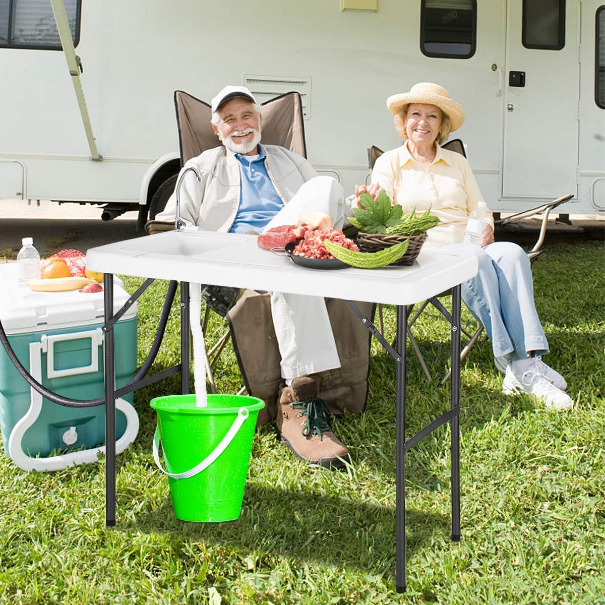 GLACER Folding Fish Fillet Cleaning Table, Portable Fish Cleaning Table Station w/Sink, Faucet, Outdoor Fillet Table for Hunting, Cleaning, Cutting, Fishing Folding Table for Camping, Picnic, Garden