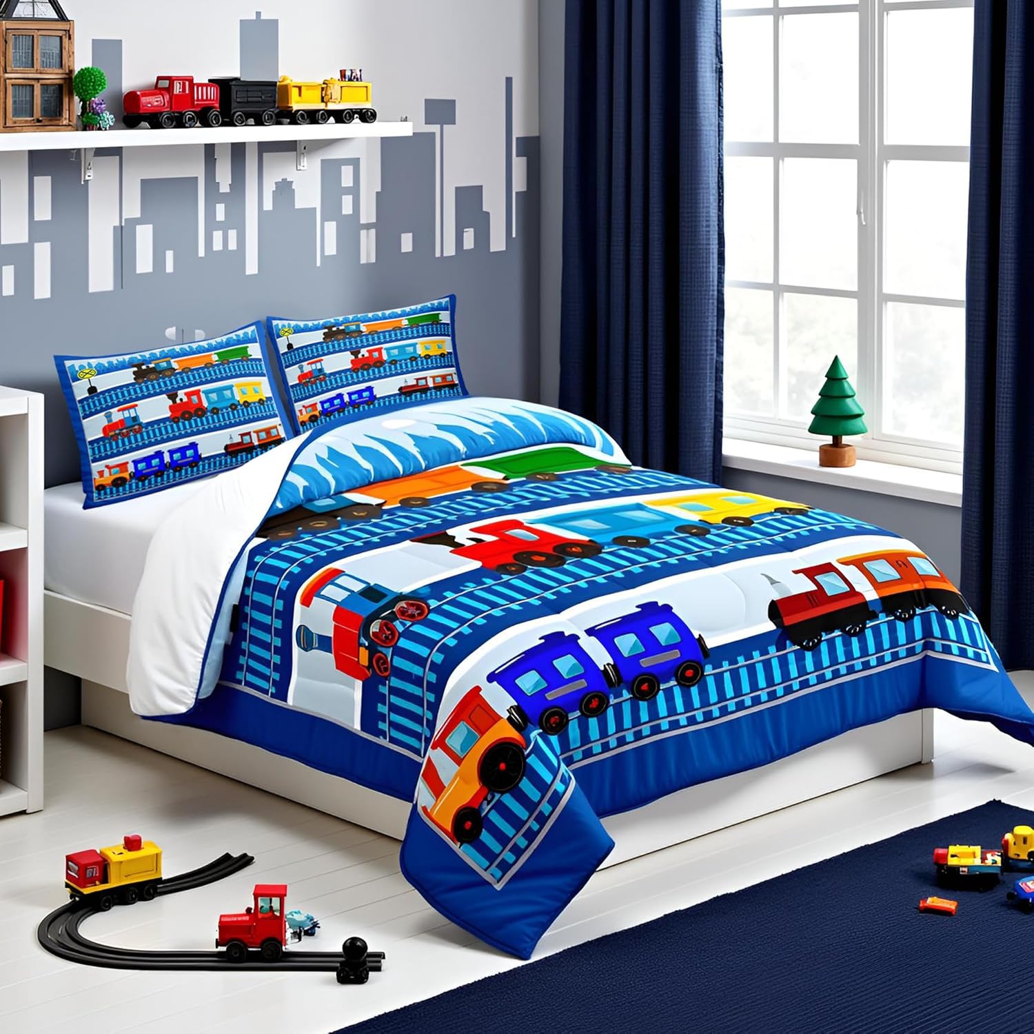 Cartoon Train Comforter Set Queen Size for Kids Boys,City Road Train Tracks Quilt Set Colorful Transport Vehicles Bedding Set 3Pcs,Fashion Navy Geometric Stripes Duvet Insert,2 Pillowcases