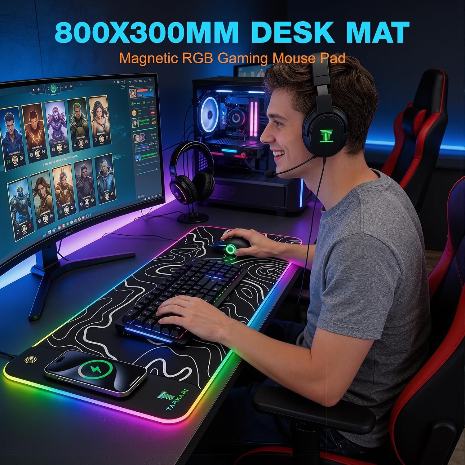 TARKARI 15W Magnetic Wireless Charging RGB Mouse Pad, 800x300mm Topographic image 5