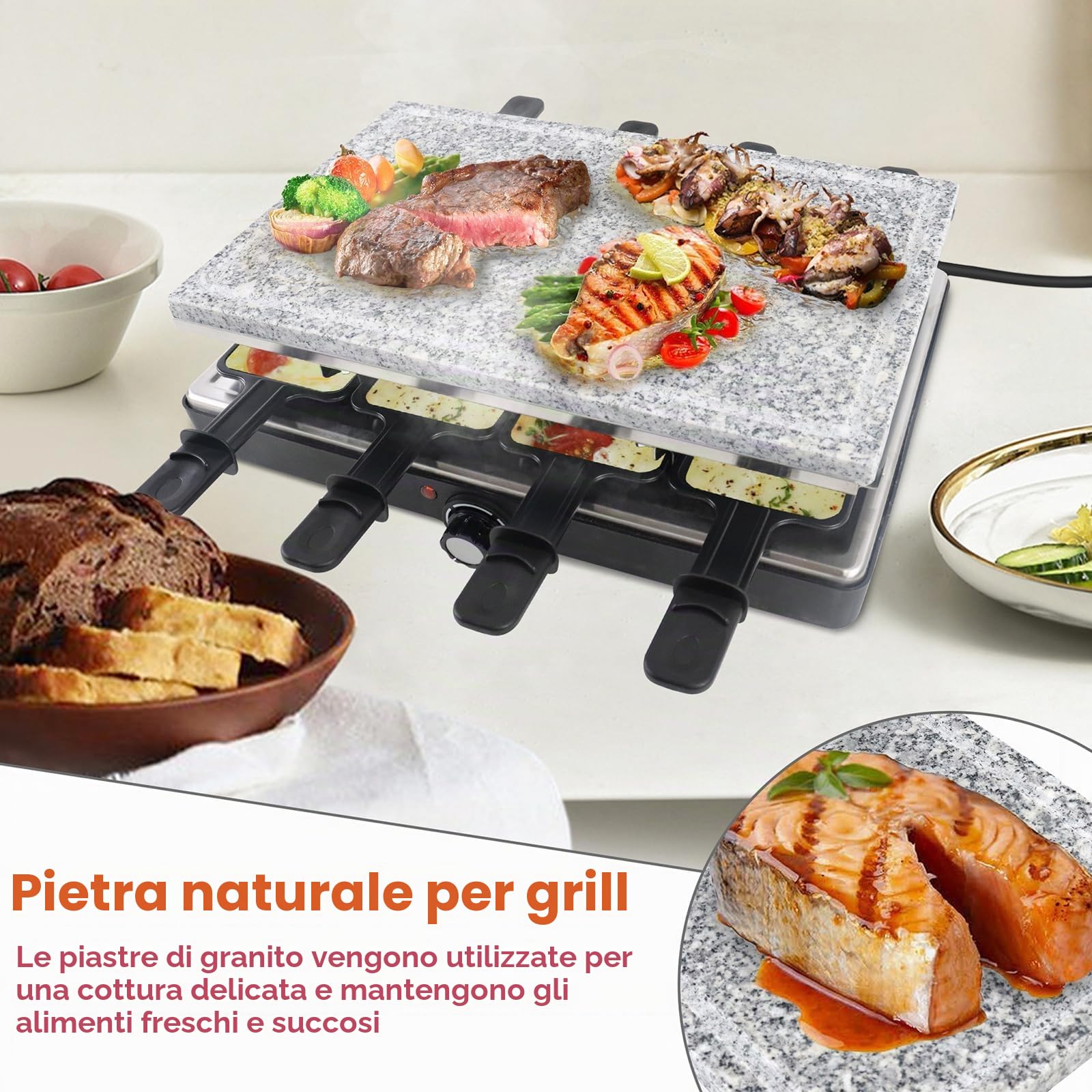 UISEBRT Griglia per raclette per 8 persone, 1400 W, con piastra in granito e piastra per barbecue, rivestimento antiaderente elettrico, set da tavolo per feste, campeggio, Natale