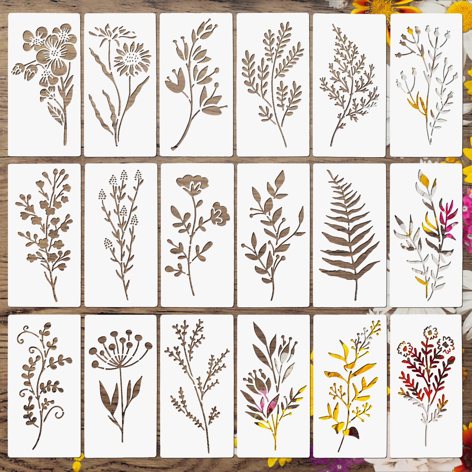 DIYASY 18 Pcs Wildflower Stencils, Reusable Wild Flower Leaf Painting Stencils Plastic Plant Stencil DIY Crafts Art Drawing Templates for Wood Wall