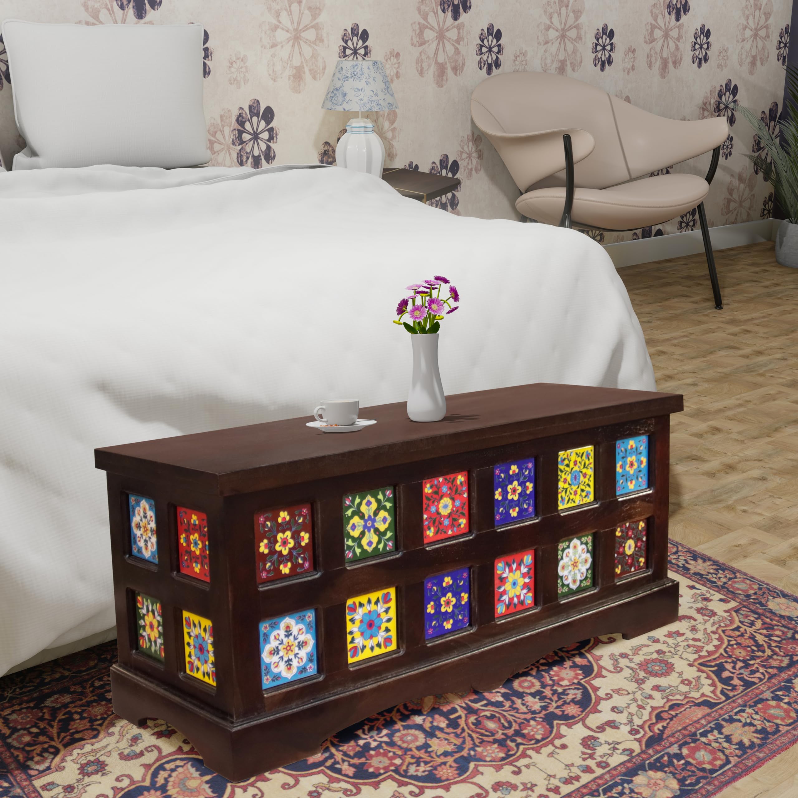 SABHYA FURNITURES Spinney Coffee Table Cum Trunk/Jewelry Box in Natural Solid Wood with Glossy Finished Premium Furniture (Walnut)