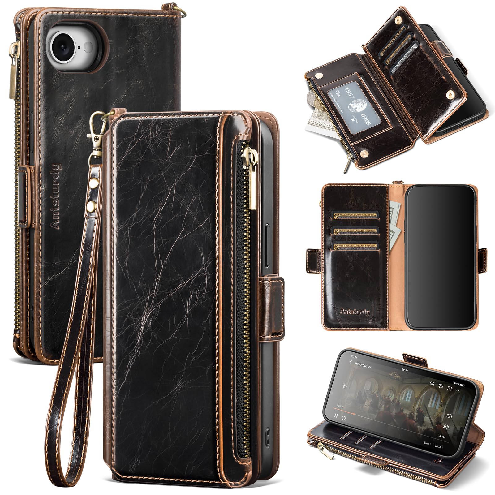 Antsturdy Compatible with iPhone 17e / 16e Wallet Case,RFID Blocking PU Leather Phone Case Women Men Kickstand flip Cover Wrist Strap Zipper Credit