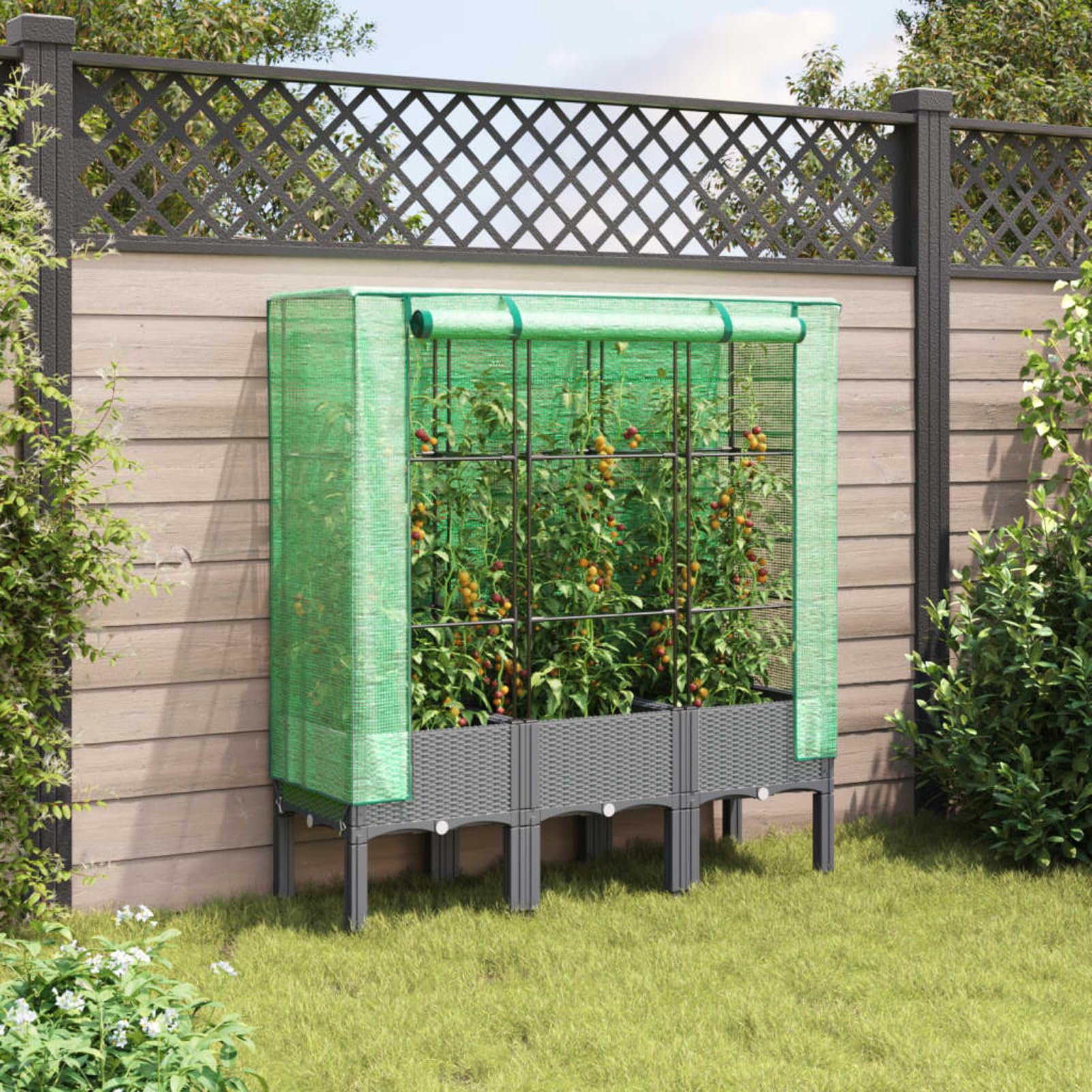 Homgoday Hochbeet mit Gewächshaus-Aufsatz Pflanzkasten Gemüsebeet Blumenkasten Blumenbeet Gartenbeet Pflanzbeet Frühbeet für Balkon Garten Terrasse Rattan-Optik 120x40x140 cm Hellgrau