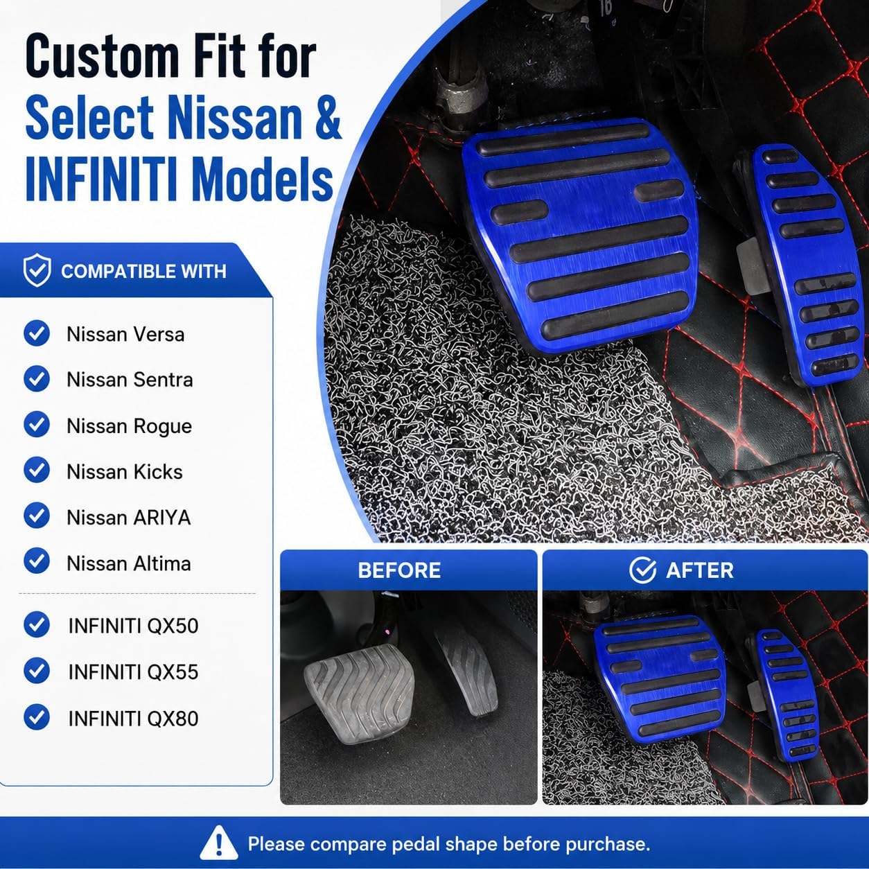 Gas Brake Pedal Covers for Nissan Versa Sentra Rogue Kicks ARIYA Altima QX50 QX55 QX80,Aluminum Alloy Non-Slip Accelerator Brake Foot Pedal Pads,2PCS Set(Blue)