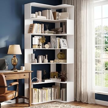 6 Tier Bookshelf Corner Shelves, L-Shaped Corner Book Shelves,White Tall Bookcase with Storage for Living Room, Office, 23.6" D x 35.4" W x 78.6" H