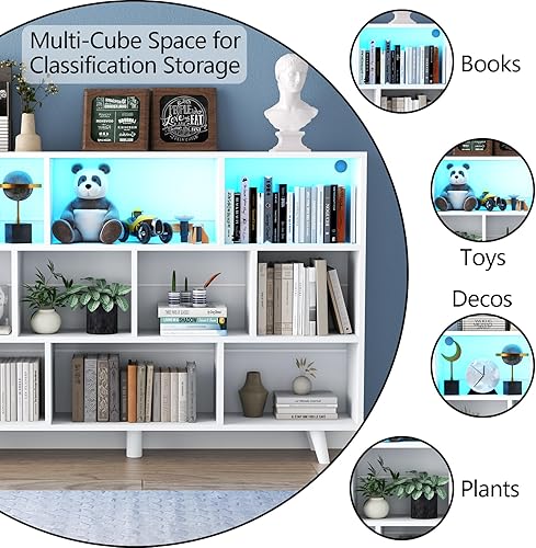 Miniatura 8 de Estantería para libros de 10 cubos con luces LED, estantería blanca de 3 niveles con patas de madera maciza, organizador de almacenamiento abierto