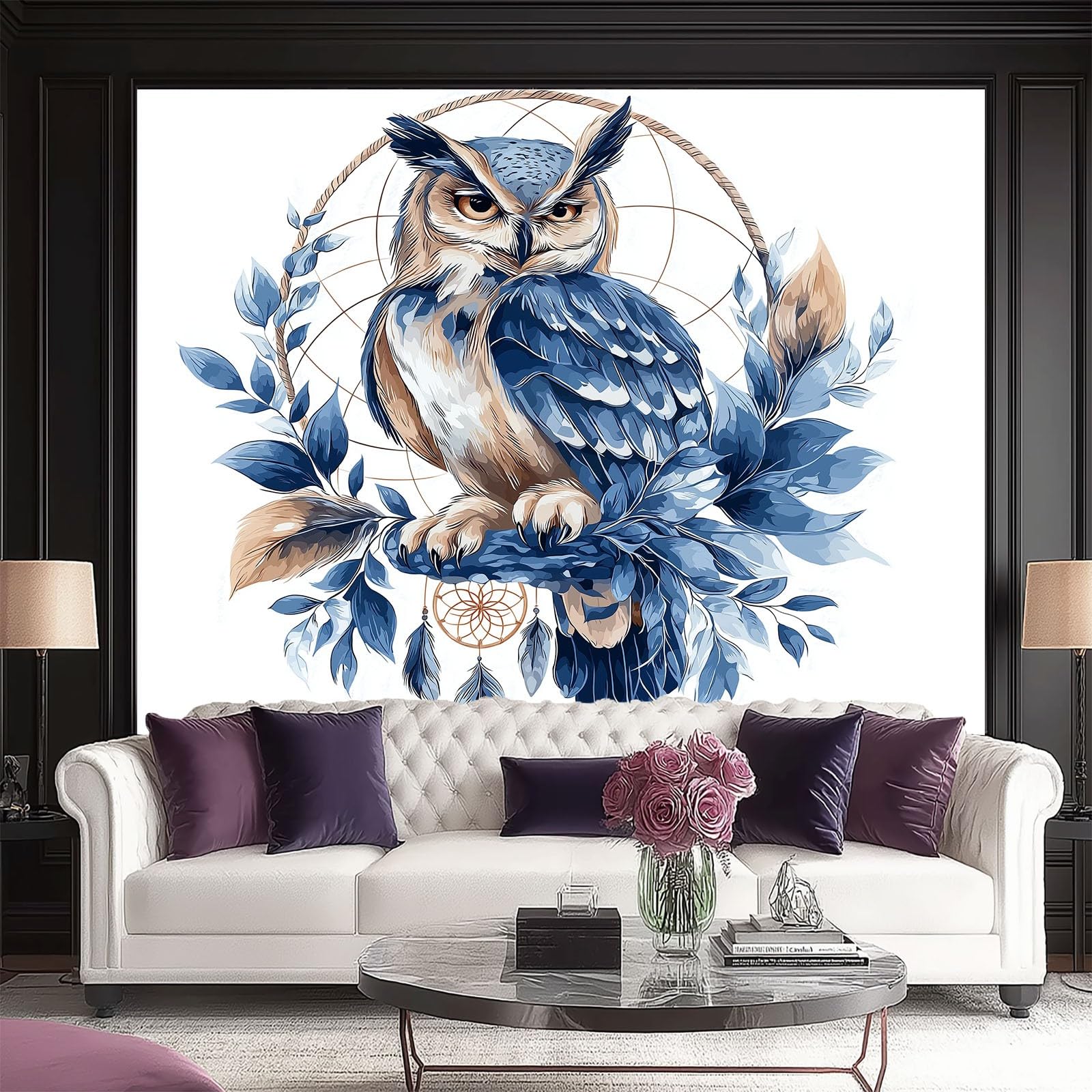 Tapeta z włókniny akwarela bohemy sowa łapacz snów 3D drukowana dekoracja ścienna 400 x 280 cm plakat plakat zdjęcia dekoracyjne gobelin salon łazienka niebieski brązowy
