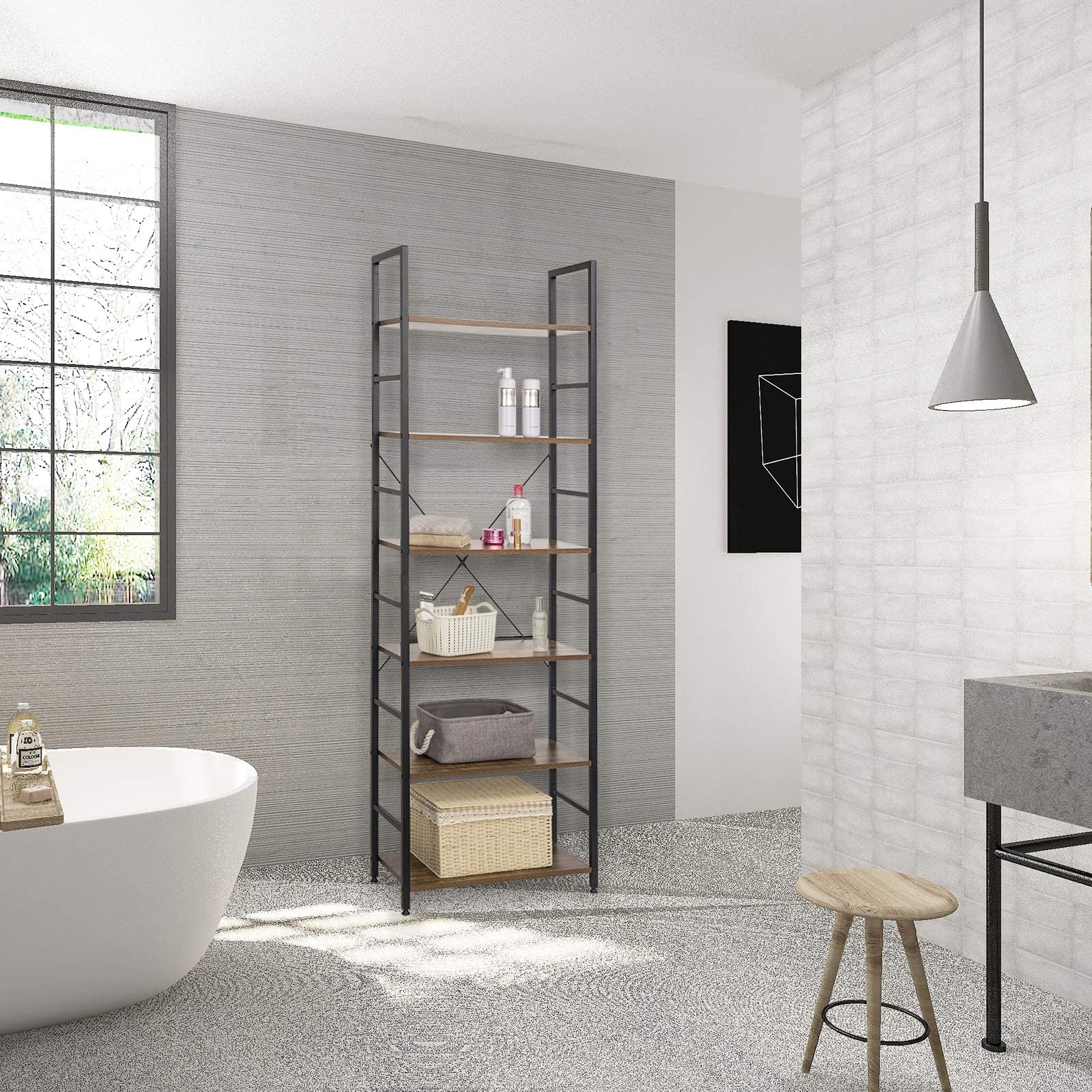 eSituro Scaffale Libreria Portaoggetti in Acciaio Scaffale Vintage Industriale a 6 Ripiani Scaffalatura Multifunzionale per Cucina Soggiorno Rovere chiaro+Bianco SSTR0046