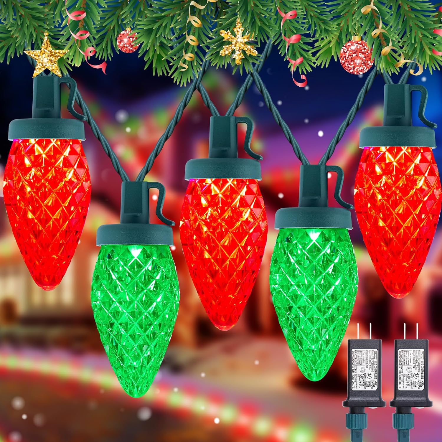 2 Pack C9 LED Christmas String Lights - Each 82ft 100 LED Outdoor String Lights with Timer and 8 Lighting Modes, Plug in Extendable Roofline Lights String for Outside Yard Christmas Holiday Decoration Red and Green 2 Pack