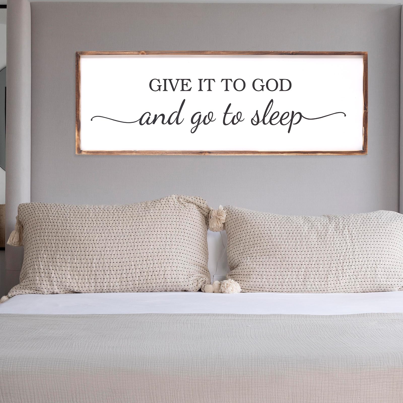 42''×15'' Give It to God and Go to Sleep Sign Framed Large Above Bed Wall Decor, Farmhouse-Style Bedroom Artwork, Rustic Guest Room Wall Decor, Master Bedroom Wood Wall Art