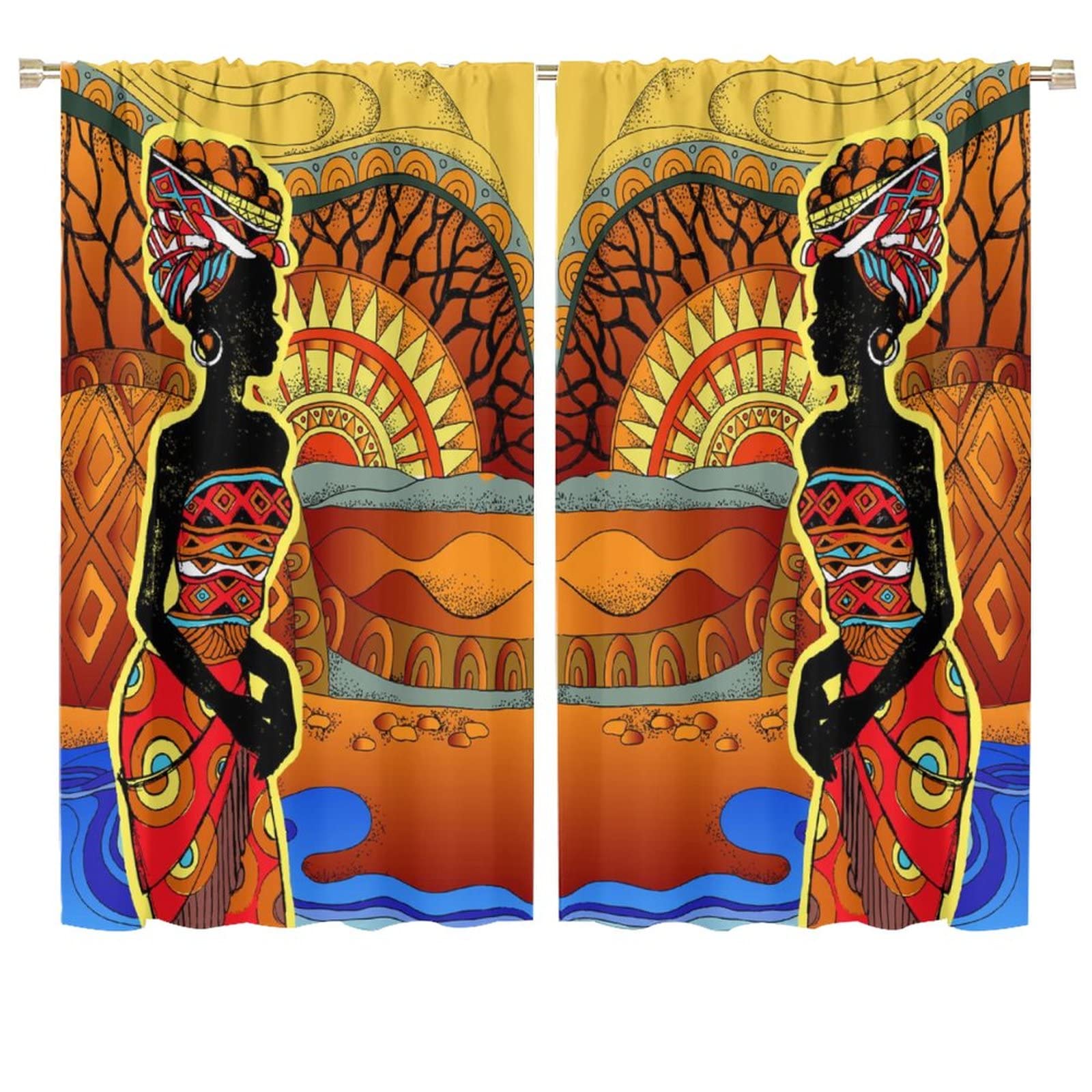 JESTRONRY African Women Bedroom Curtains,Southern Landscape Hand Drawn Black Woman Tribal Ethnic Print Pattern Rod Pocket Window Drapes for Living Room Kitchen Bathroom Decor W72xL63in
