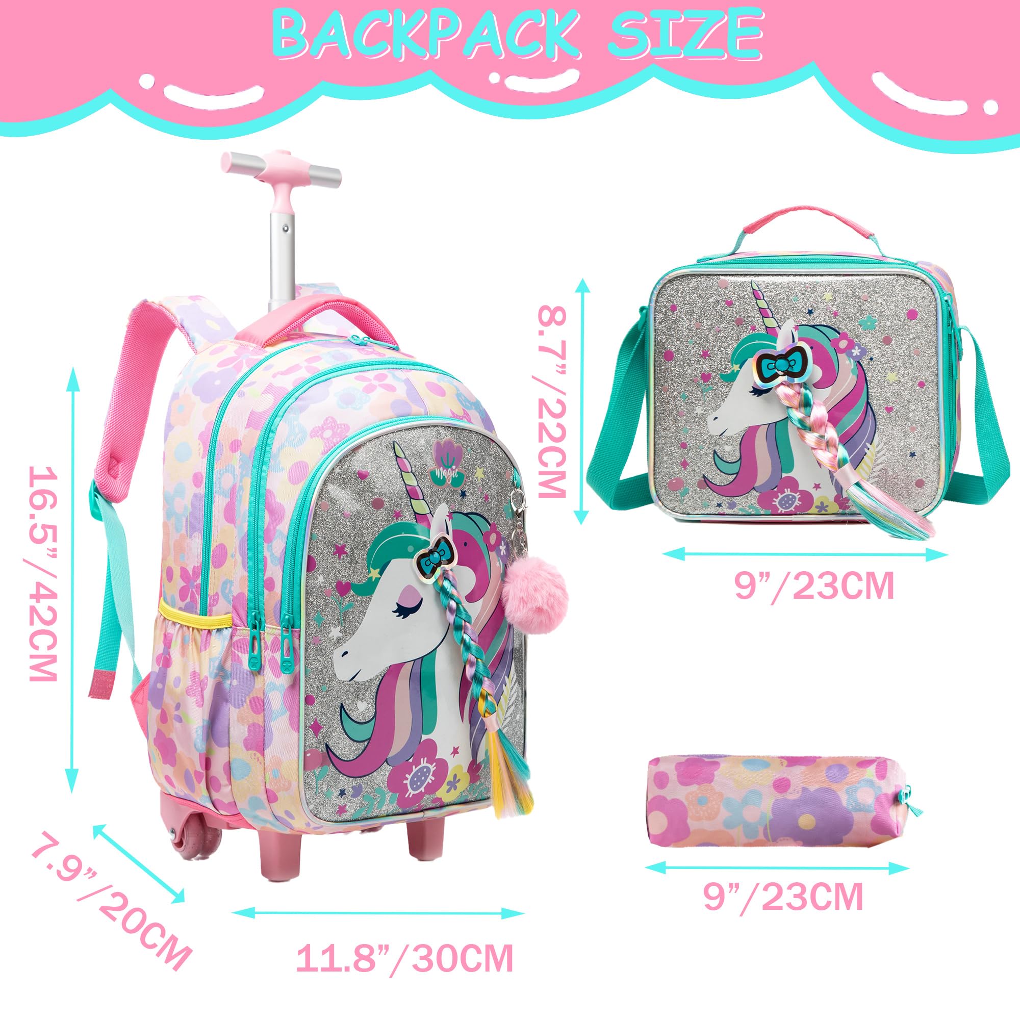 ZBAOGTW Unicorn Rolling Backpack for School Backpack with Wheels Backpack for Girls Primary School Kids Backpack Daypack Elementary Students for Girls Backpack for Travel