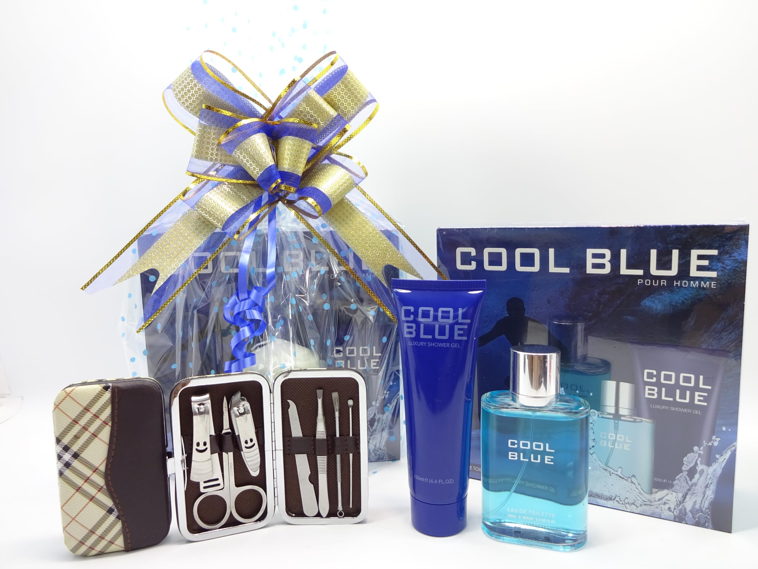 Luksusowy zestaw upominkowy dla niego, Cool Blue 2 szt. Zestaw upominkowy perfum 100 ml EDT i 130 ml luksusowy żel pod prysznic, zestaw do manicure, kosz prezentowy zapakowany na prezent