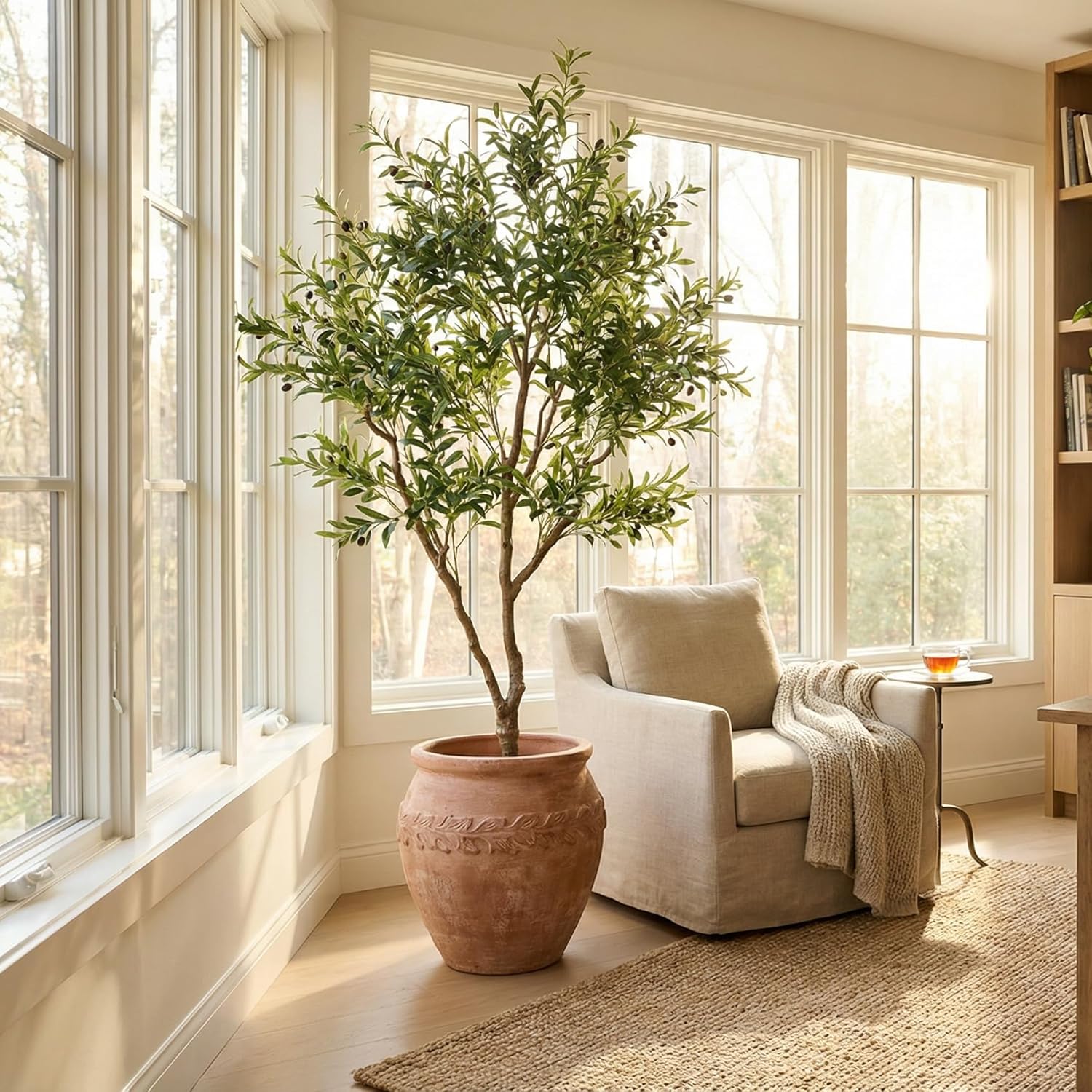 Artificial Olive Tree 7ft with Realistic Leaves, Dewdrops and Olives, Full and Grand Design Faux Tree with Sturdy Base for Indoor Outdoor Office Decor (Without Dewdrops)