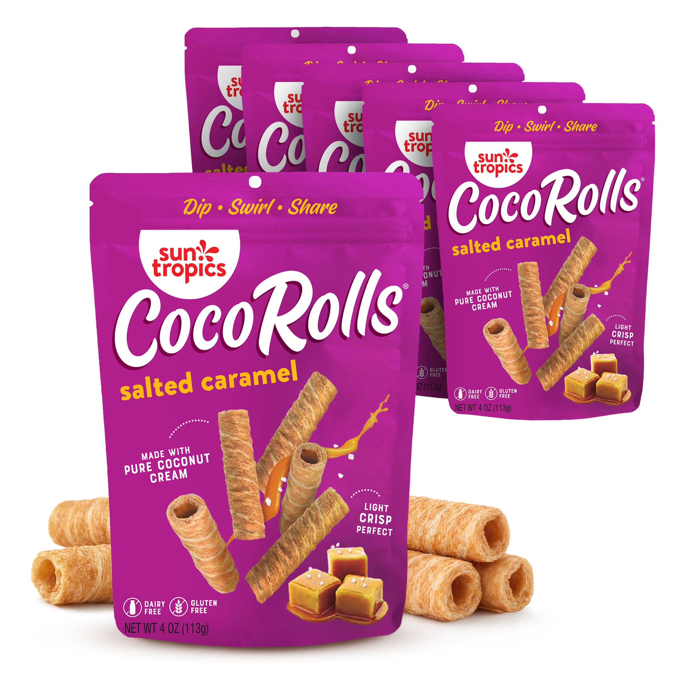 Sun Tropics CocoRolls Salted Caramel Flavor- 6 count, 4 oz each | Crisp Rolled Wafer Cookies, Coconut Rolls Made With Pure Coconut Cream | Gluten Free & Dairy Free Coconut Wafer Snack