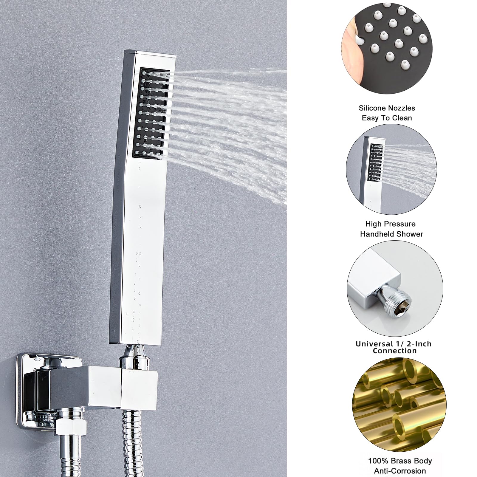 Cabezal de ducha de mano de latón de alta presión, cabezal de ducha cuadrado con conector de pared y kit de manguera de 58 pulgadas para sistemas de baño, estilo moderno (plateado)