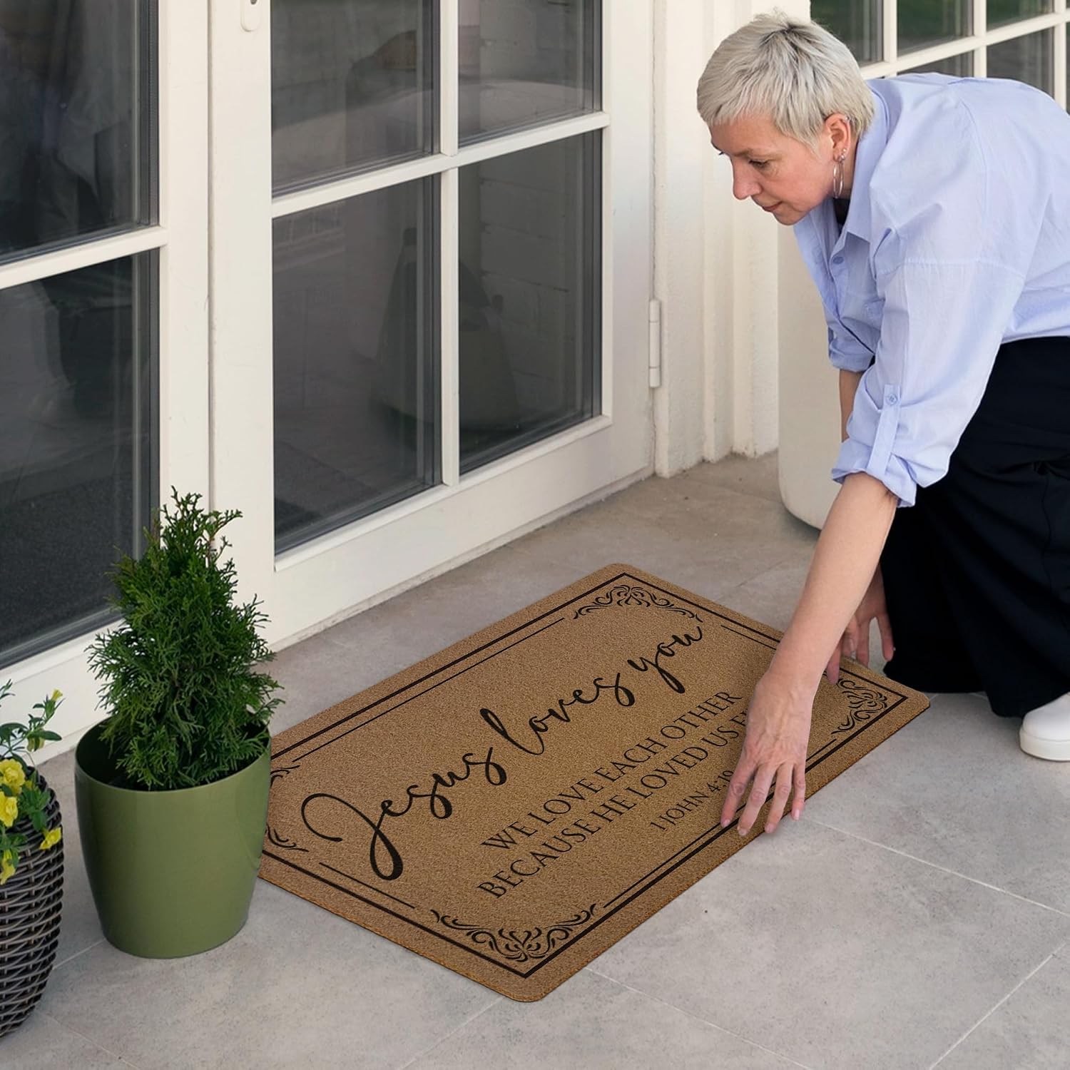 Christian Door Mat, Jesus Loves You Bible Verse Artificial Coir Front Door Mat Indoor Outdoor Entrance, Jesus Religious Doormat Rug for Porch Entryway Patio Decor, 17X30 Inch