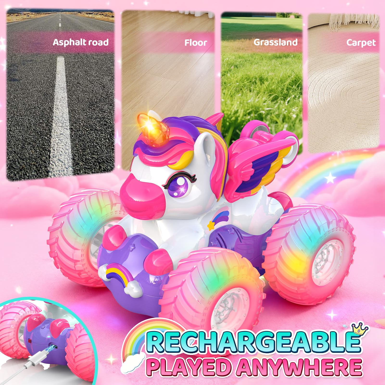 HappyGoLucky Macchina Telecomandata per Bambini Bambina, Unicorno Giocattolo, 2,4 GHz, Luce LED, Capovolte a 360°, Monster Truck Auto Giochi Regalo Bambina 3-12 Anni Femmina - Regali Natale