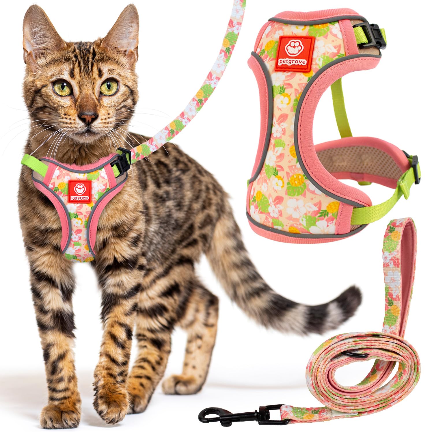 Cat Harness and Leash Set for Walking, Escape Proof Vest Harnesses for Cats, Breathable Mesh with Reflective Strips - (Tropical Paradise), X-Small