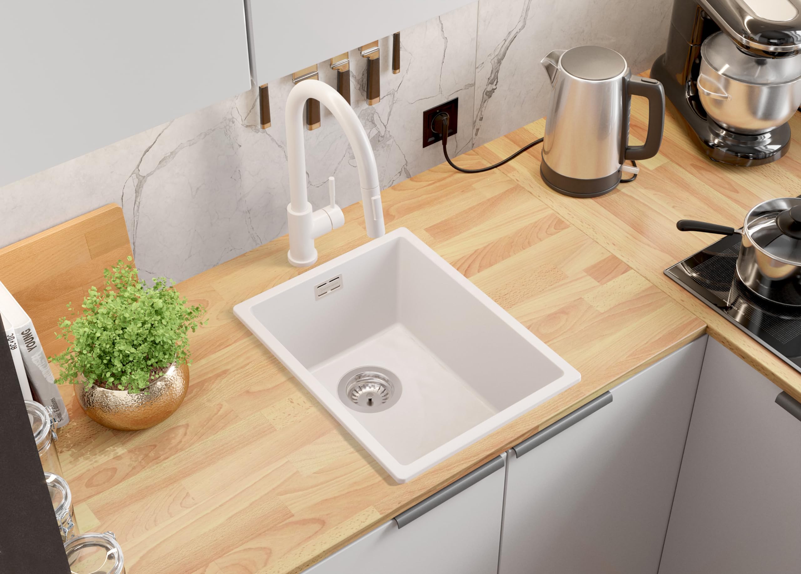 PRIMAGRAN Lavello da Cucina Tutto Bianco 36x47cm, Lavandino in Granito a 1 vasca + Sifone Classico, Lavabo da Cucina Incasso al Mobile 40cm - London Slim S034