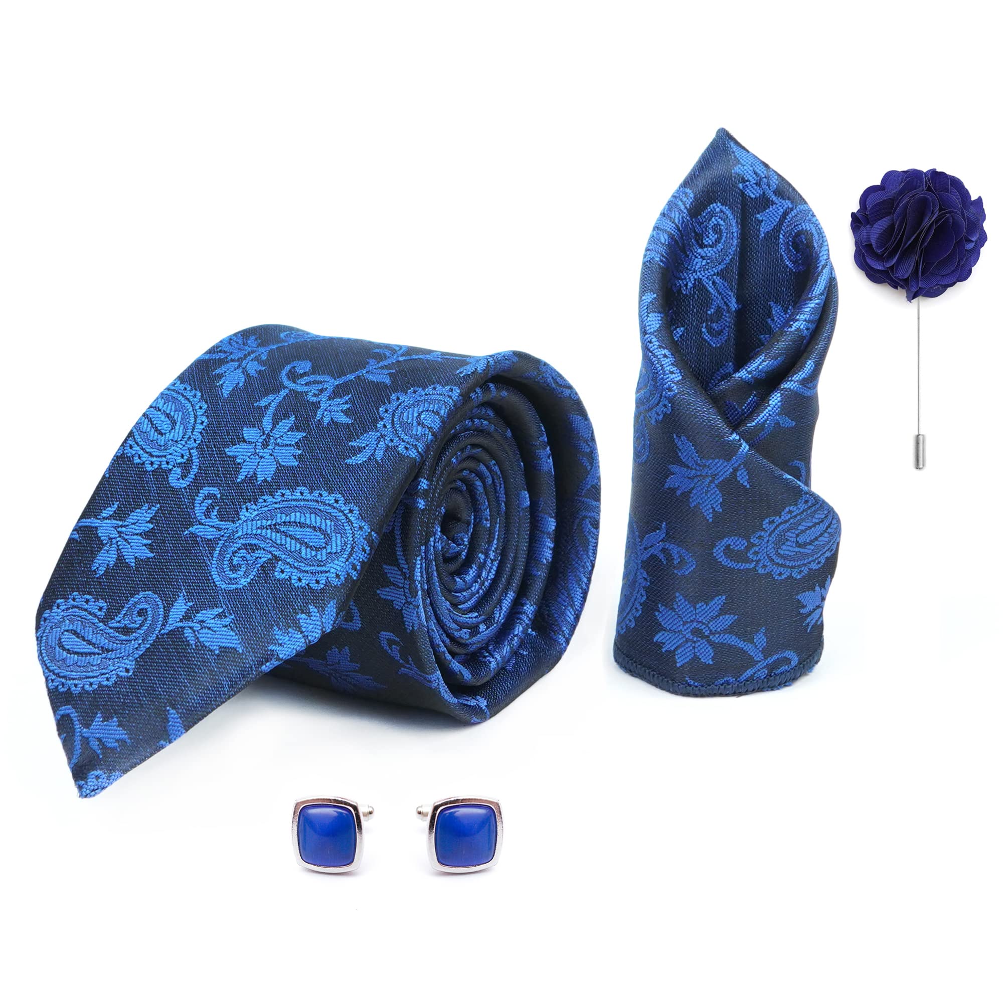 Tie for Men – Micro Silk Neck Ties Set with Cufflinks Flower Pin, Pocket Square & Black Gift Box, Combo Necktie Sets for Office Wear, Formal Suits & Weddings (0, 214AMBRX)-image-45