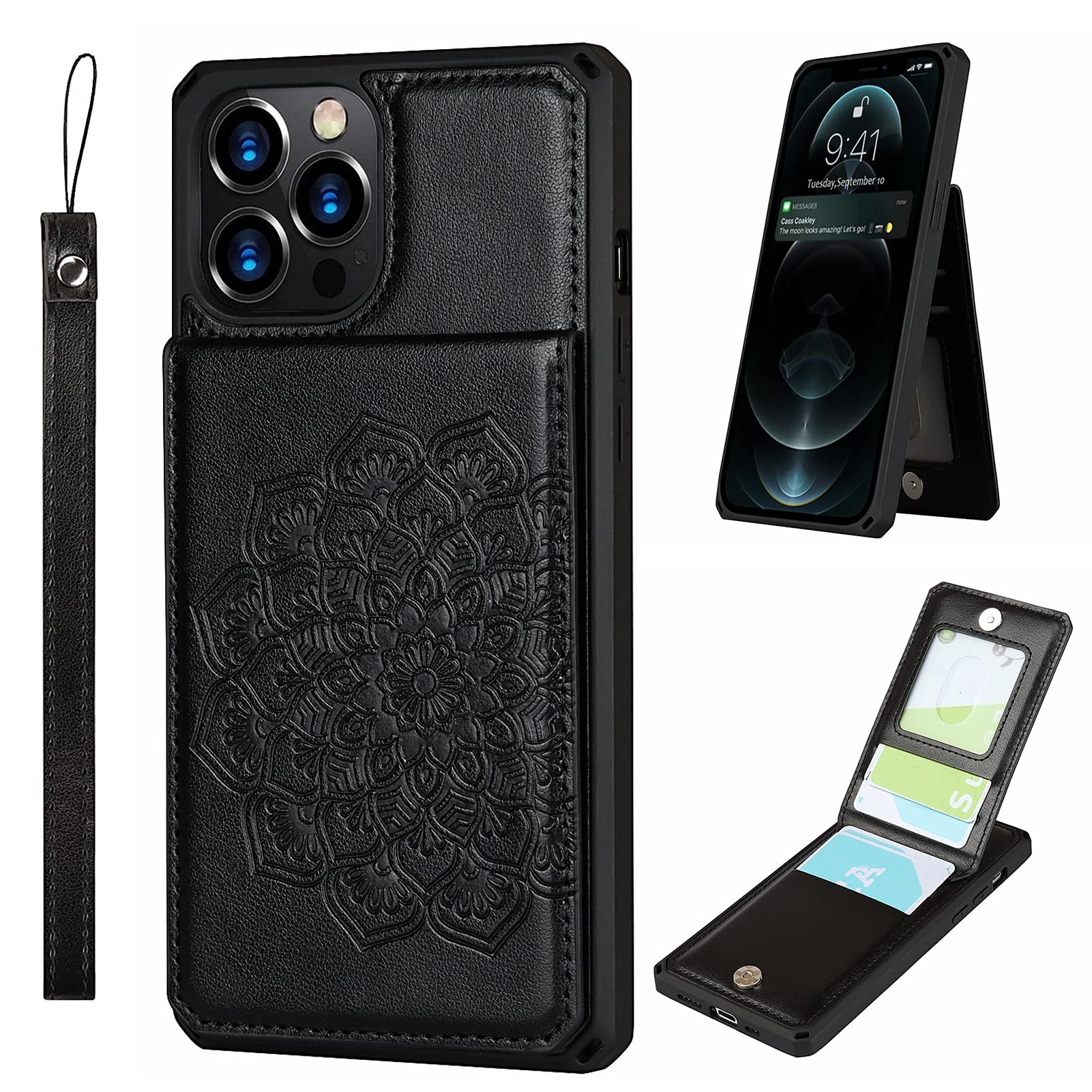 Jaorty for iPhone 12 Pro/iPhone 12 Wallet Case with RFID Blocking Card Holder,PU Leather Magnetic Buttons Portrait Stand Flip Wrist Strap Shockproof Case for iPhone 12 Pro 6.1 Inch,Mandala Black