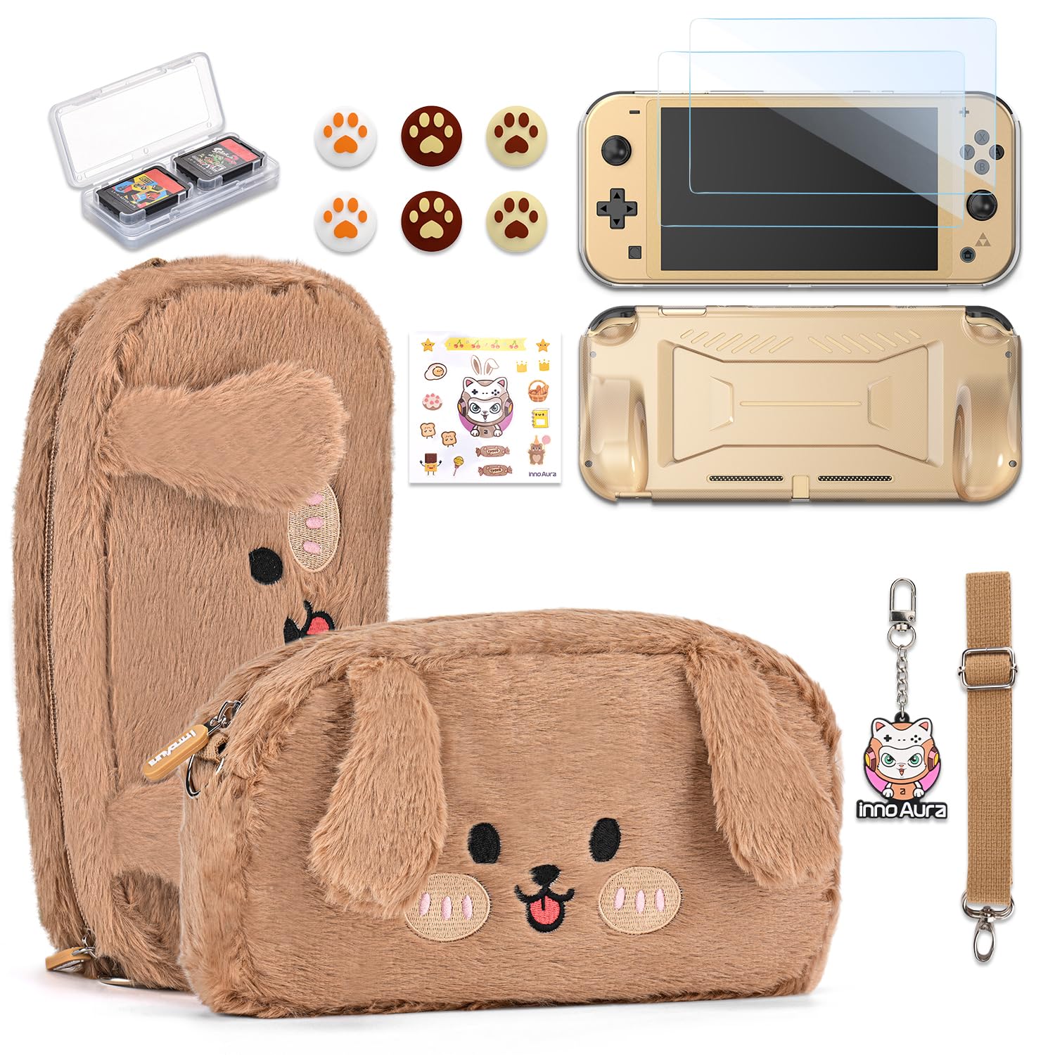 innoAura Switch Lite Case 14-in-1 Accessories Bundle for NS Switch Lite (2019), with Protective Carrying Case, Game Holder, Screen Protector &amp; Cute Thumb Grips, Brown Dog Plush Bag