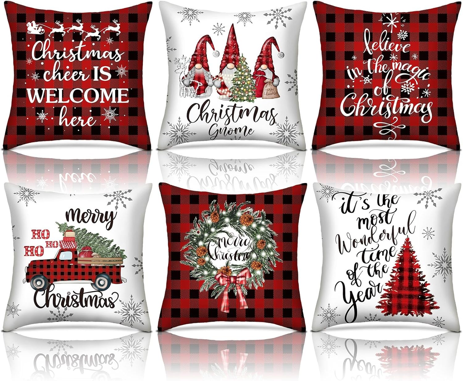 SmoothNovelty Pink Christmas Decorations Pillow Covers 18x18 Set of 6 Pink Santa Snowman Snowflake Merry Christmas Tree Winter Snow Reindeer Holiday Pillow Decorative Throw Cushion Case for Sofa