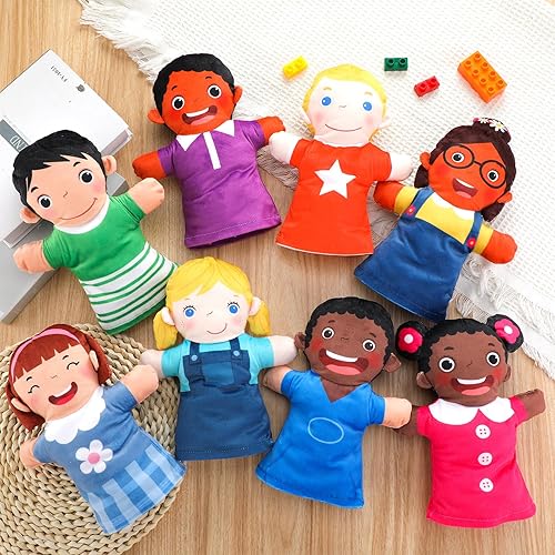 Miniatura 4 de Poen Juego de 8 títeres de mano para niños, títeres de mano multiculturales a granel de felpa suave para niños pequeños, aprendizaje de interacción