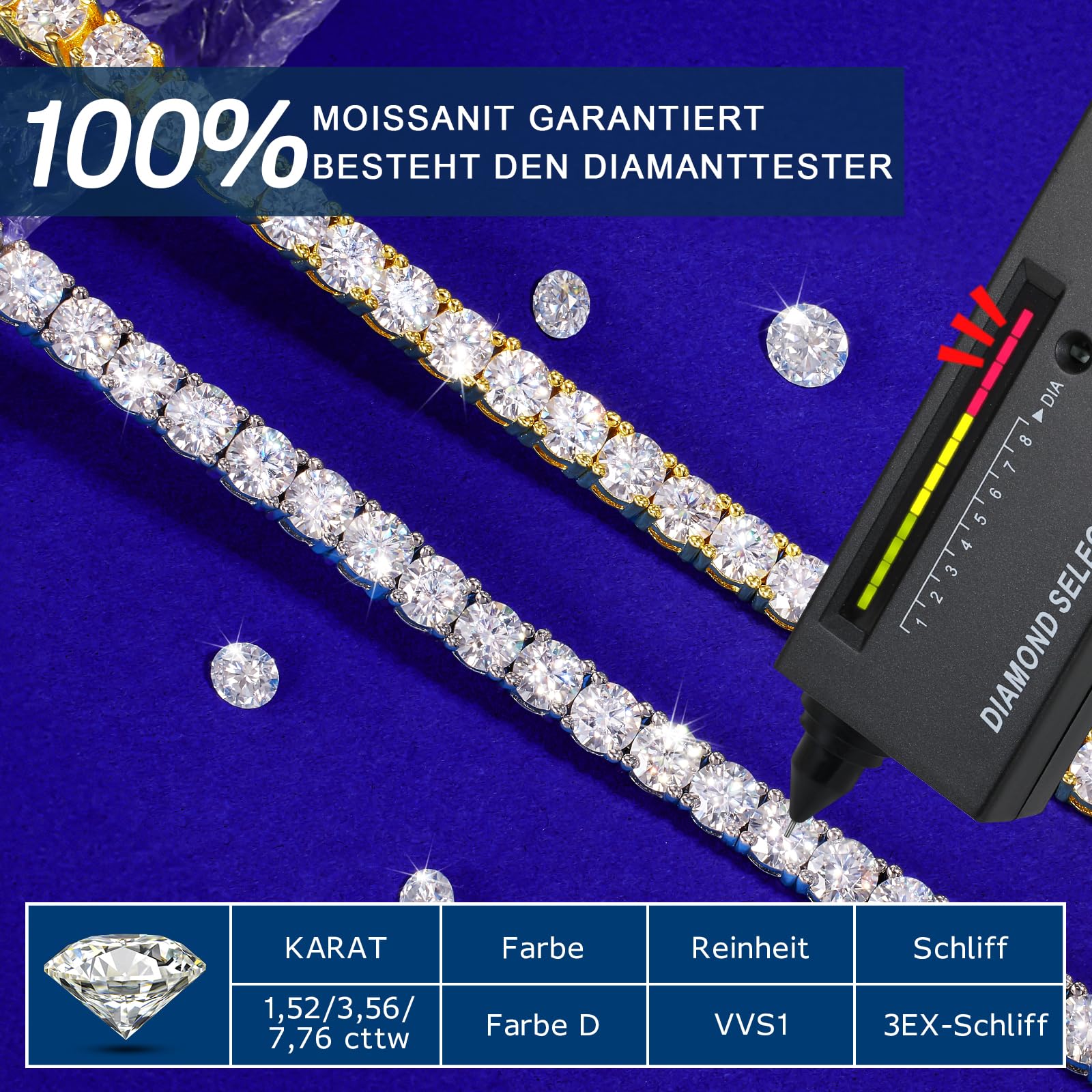 Armband Damen Moissanite Armband aus 925er Sterlingsilber Hypoallergen Längenverstellbar D-Farbe Reinheit VVS1 Geschenke für Frauen