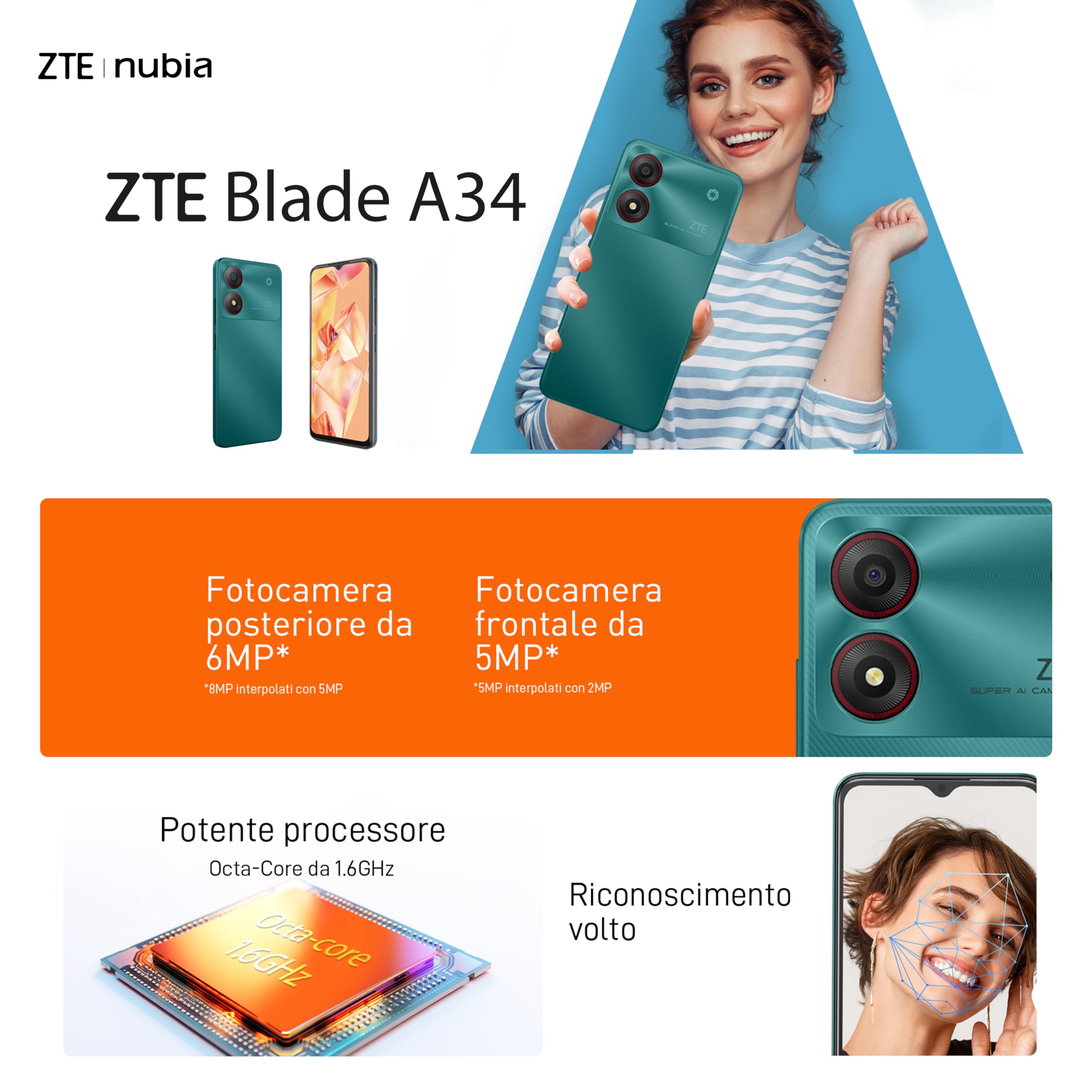ZTE Blade A34 Grey - Smartphone 6.6" HD+, Fotocamera 8MP, Batteria 5000mAh, 2 GB RAM e 64GB ROM, Octa-Core, Android 13, Riconoscimento Facciale, Display Waterdrop, Memory Fusion