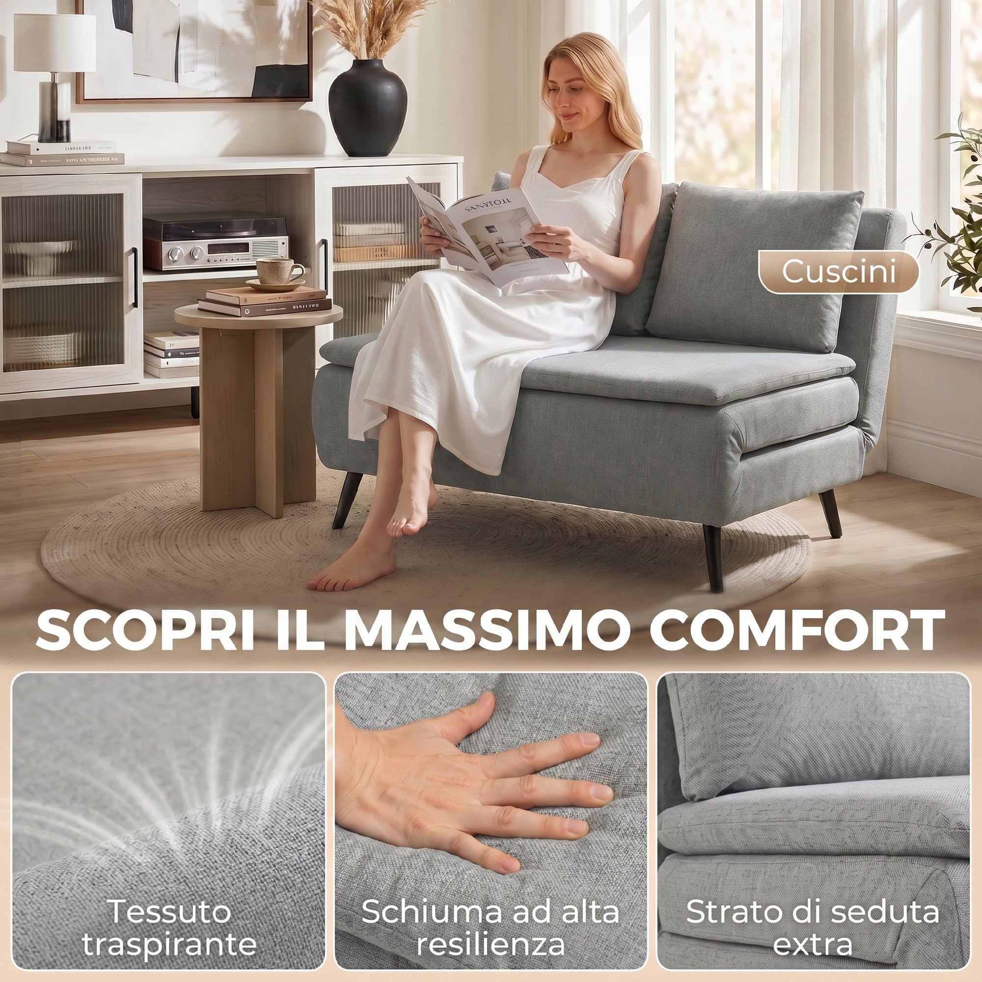 HOMCOM Divano Letto 2 Posti 3 in 1 in Tessuto Effetto Lino con 2 Cuscini, Divano Letto Matrimoniale Salvaspazio Reclinabile 3 Livelli, Seduta Imbottita, Struttura Eucalipto, Soggiorno, Grigio Chiaro