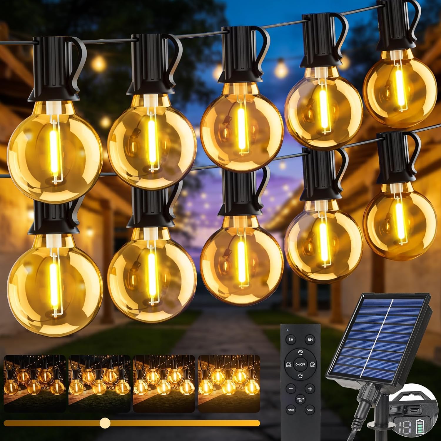 Catena Luminosa Esterno Solare 15M, Luci Solari da Giardino con Telecomando, 17+1 Lampadine LED G40, IP65 Impermeabile, Dimmerabile, Lucine Esterno Energia Solare per Patio Balcone Gazebo Matrimonio