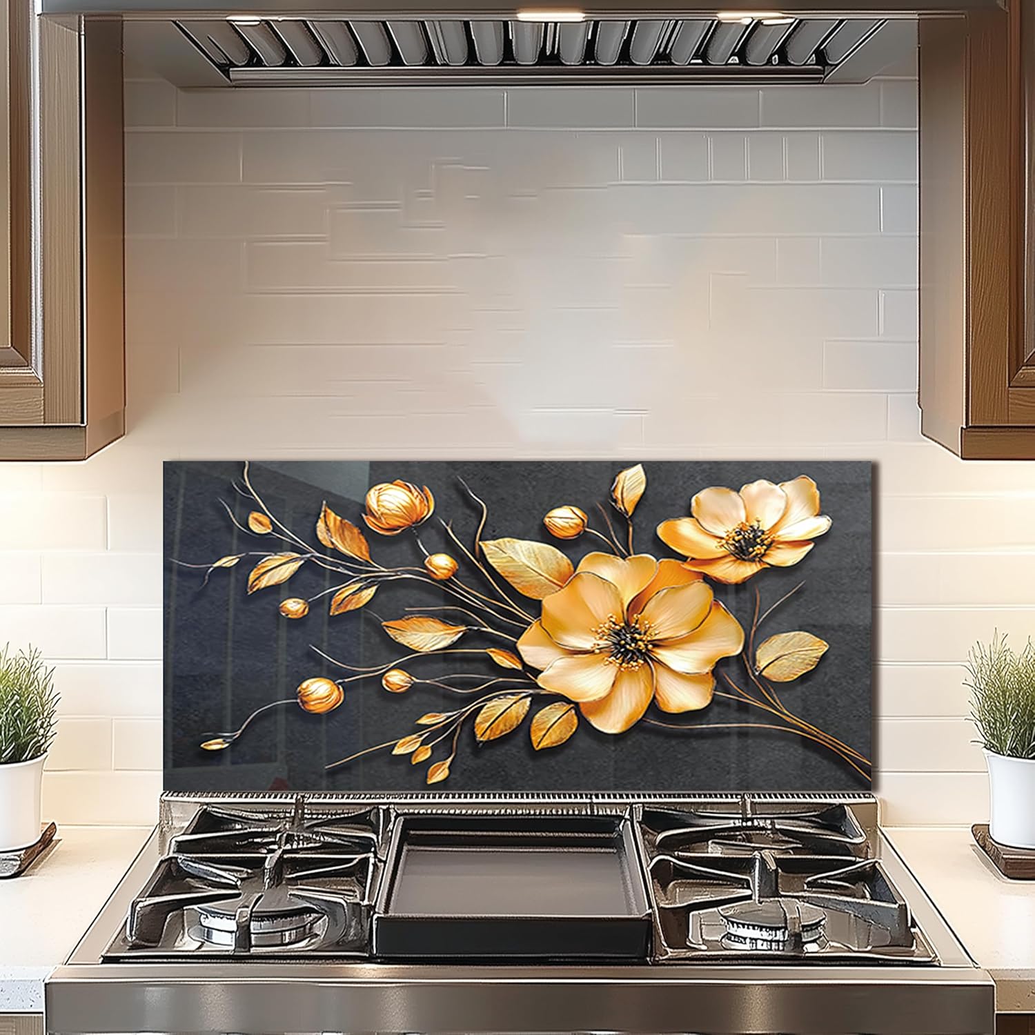 DAIFURONGE Golden Lotus Tempered Glass Backsplash For Kitchen Behind Stove,Stove Backsplash Top Cover,Easy to Clean Glass Splashback, Sink Cover Splash Guard,Home Kitchen Wall Decor (grey, 30"x14"(76.2x35.56cm)) grey 30"L x 14"W