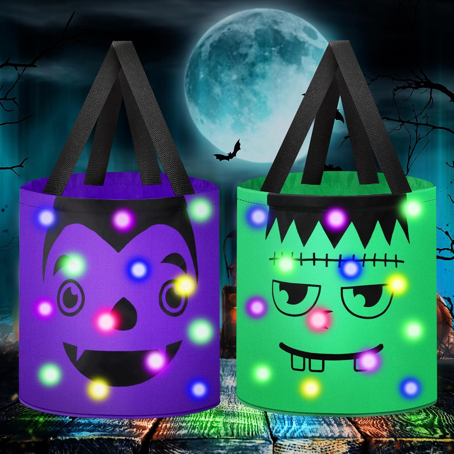 2 Pcs Halloween Trick or Treat Bucket LED Light up Zombie Vampire Candy Bags