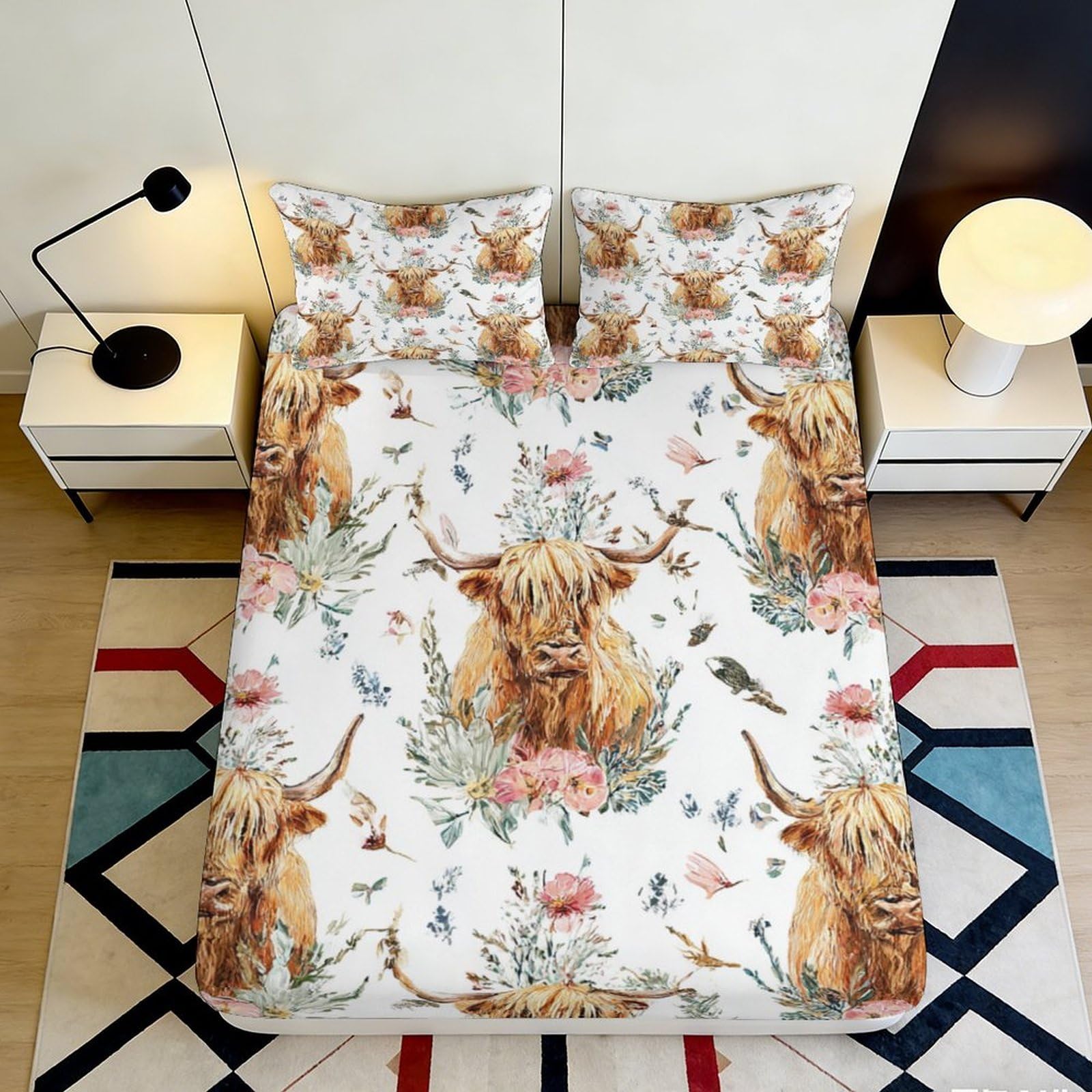 3D Printed Highland Cow Floral Fitted Sheet Microfiber Soft Mattress Cover for Bedroom Guest Room Decor 200x200x25cm