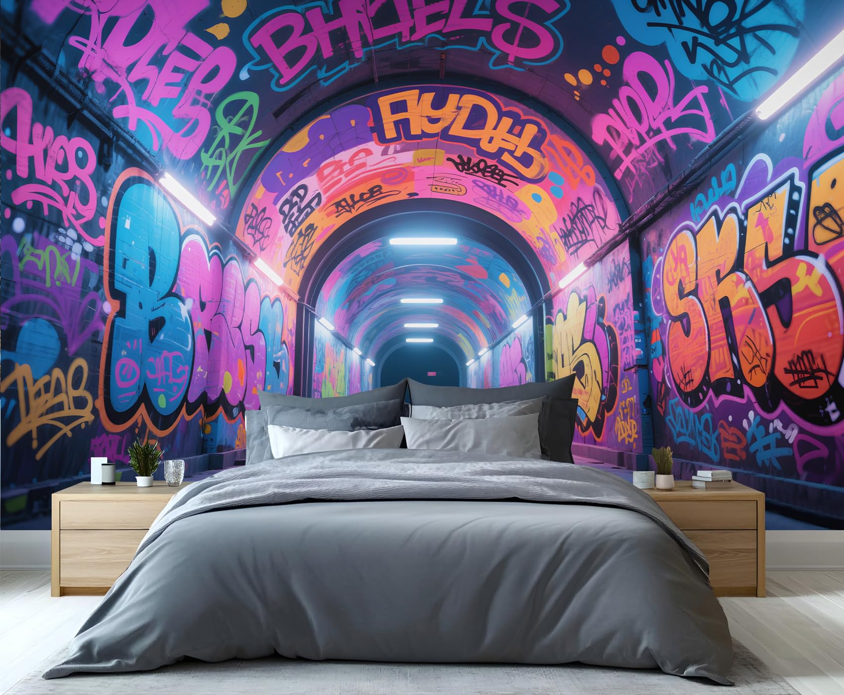 Graffiti Tapete Wandbilder, Neon Graffiti Schlafzimmer Tapete, Street Art Wandpapier für Wohnzimmer, nicht selbstklebende Tapete, Hip Hop großes Wandbild & Raumdekor 350 x 250 cm