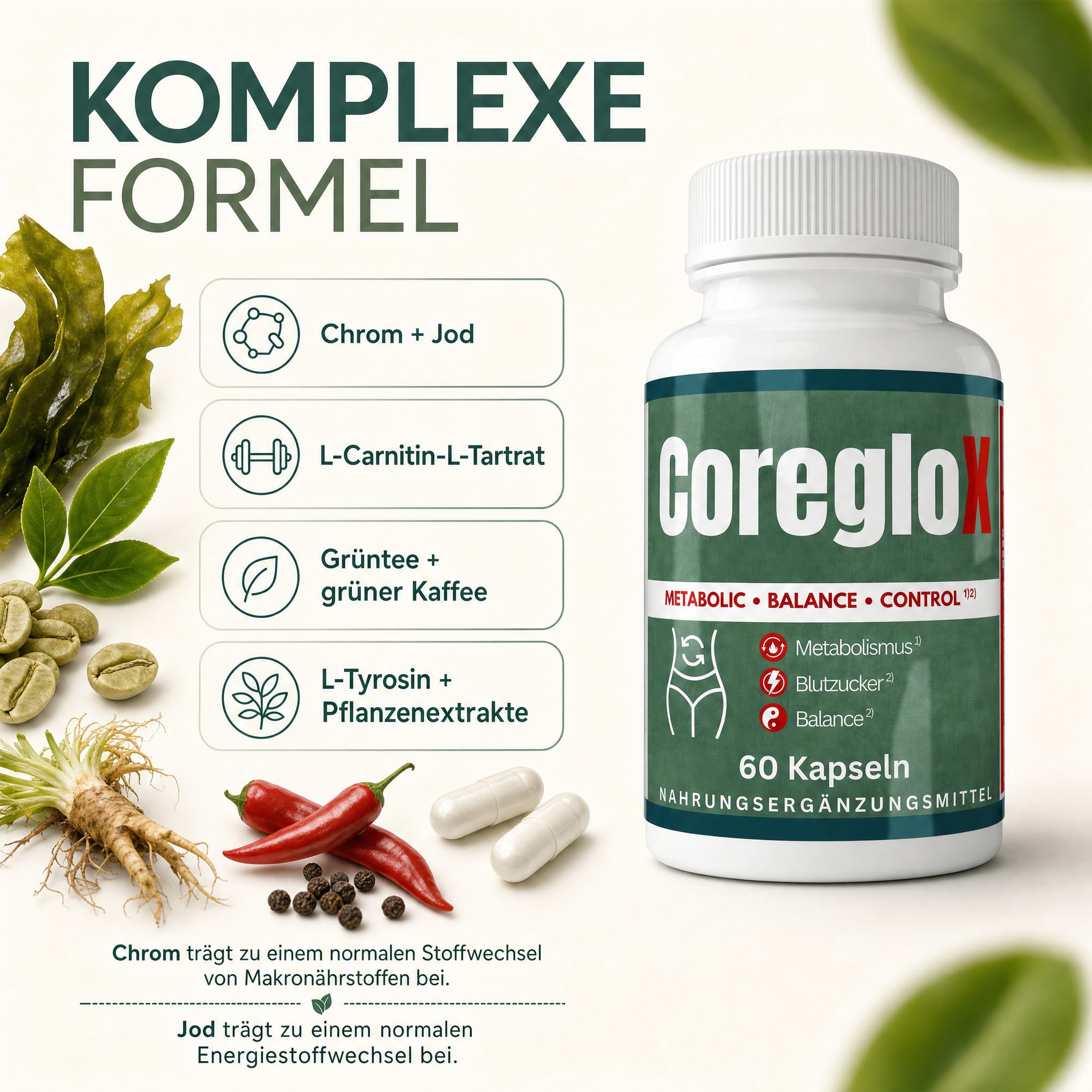 CoreGLO X 60 Stoffwechsel Kapseln mit Chrom & Jod, Original von ZENICAPS – Chrom für normalen Makronährstoffwechsel, Jod für Energiestoffwechsel – mit Grüntee, grünem Kaffee, L-Carnitin & L-Tyrosin