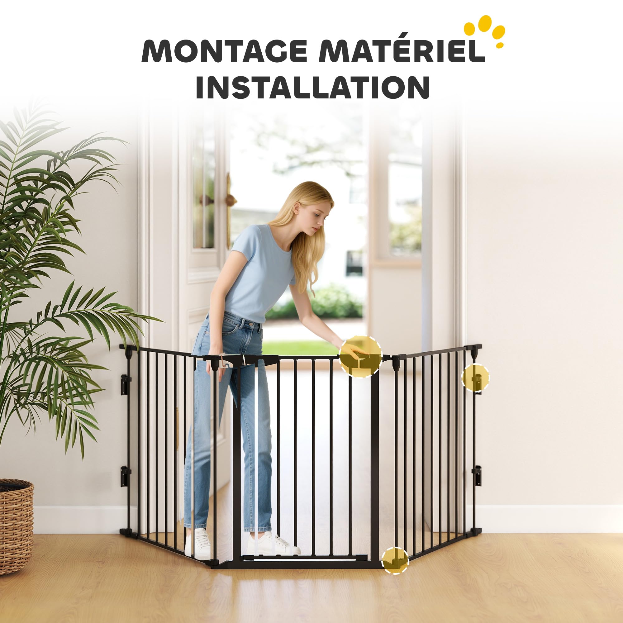 PawHut Barrière de sécurité Parc enclos Chien modulable Pliable Porte intégrée 300L Max. x 74,5H cm métal PP Noir