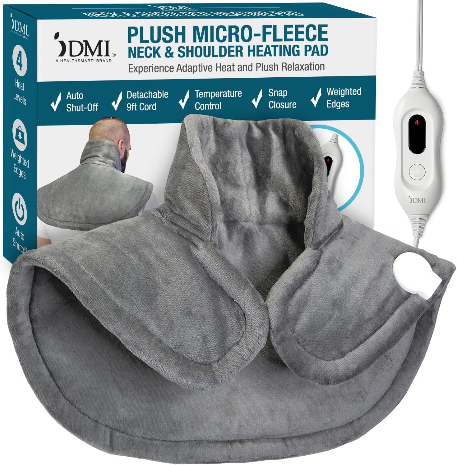 DMI Plush Micro-Fleece Weighted Heating Pad for Neck, Shoulders & Back - 4 Heat Settings, Auto Shut-Off, 9' Cord, Gray, Large