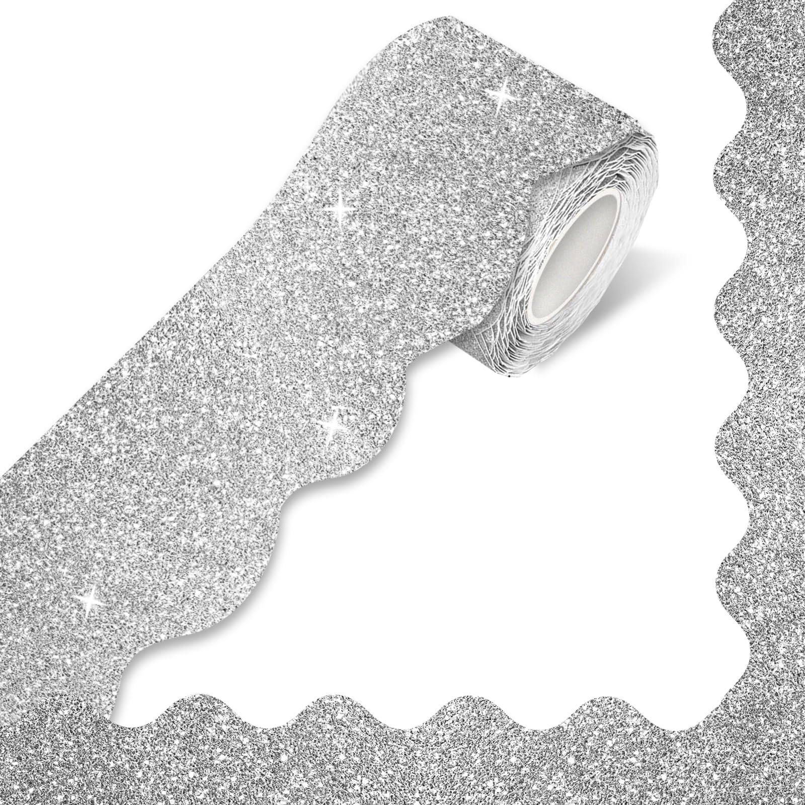 STARLIBOO 60 Feet Bulletin Board Borders, Holographic Silver Scalloped Rolled Border Trim for School, Classroom & Offices