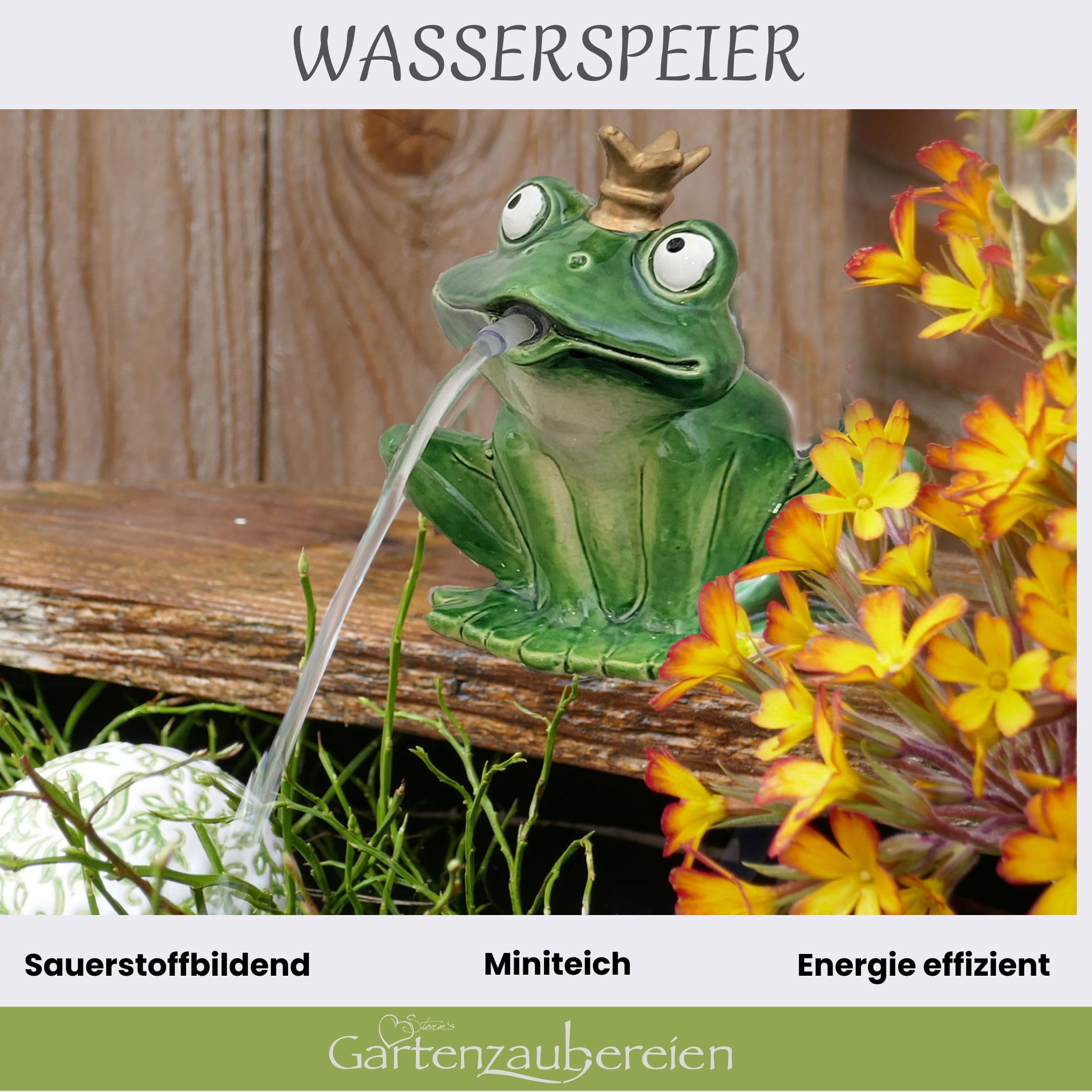 Storm's Gartenzaubereien Miniteich Komplettset Holzkiste - Solar Wasserspiel Froschkönig mit Pumpe - Gartenbrunnen für Balkon und Terrasse - Inklusive Schwimmkugeln und Kunststoffeinsatz
