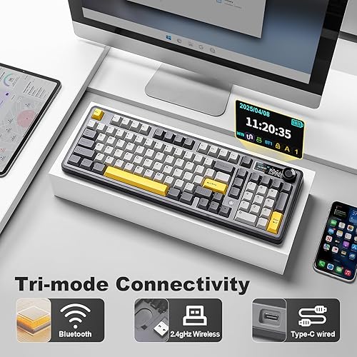 Miniatura 3 de AJAZZ AK980 Teclado inalámbrico con pantalla inteligente y perilla, teclado mecánico 98% Tri-Mode BT2.4GUSB-C, intercambiable en caliente, teclas