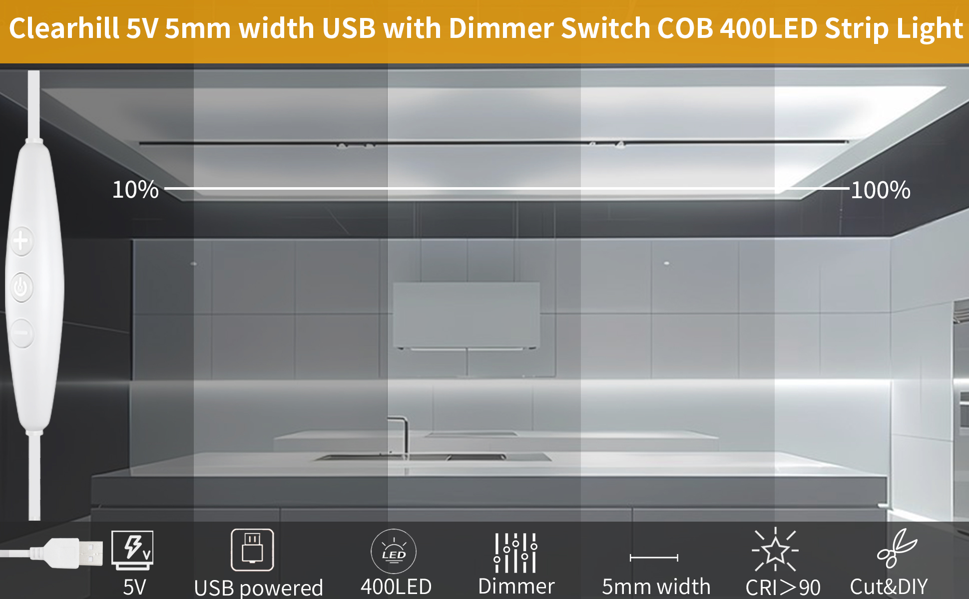 Image of 5V 5mm Width USB COB LED Strip Lights with Dimmable Switch,6.56FT /2M,Warm White 3000K,400LEDs /M,8W /M,CRI90,1500lm,Electroplated Double-Sided Panel Light Strip,IP20,for Indoor Decoration